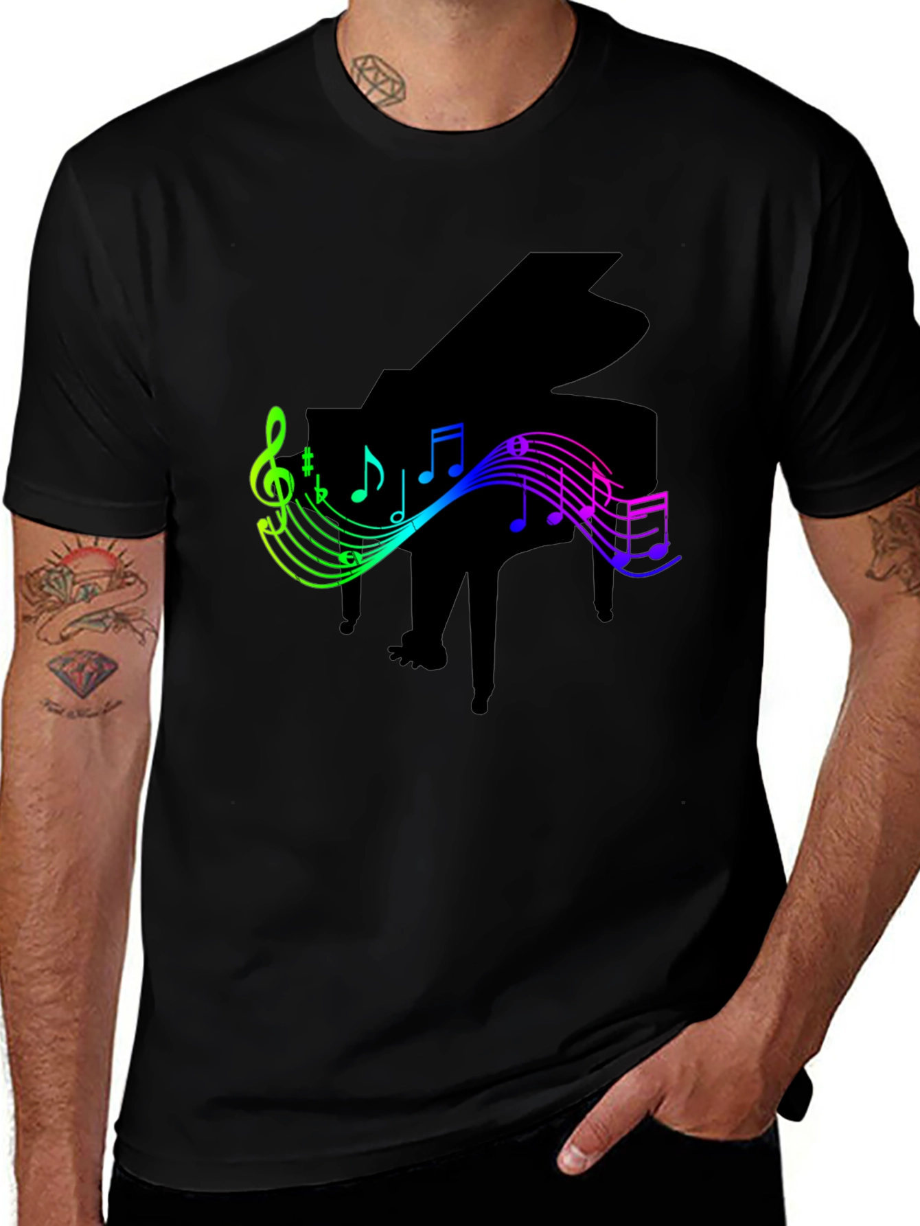 Variant 13 of Musical Piano T-Shirt - Rainbow Music Notes Design