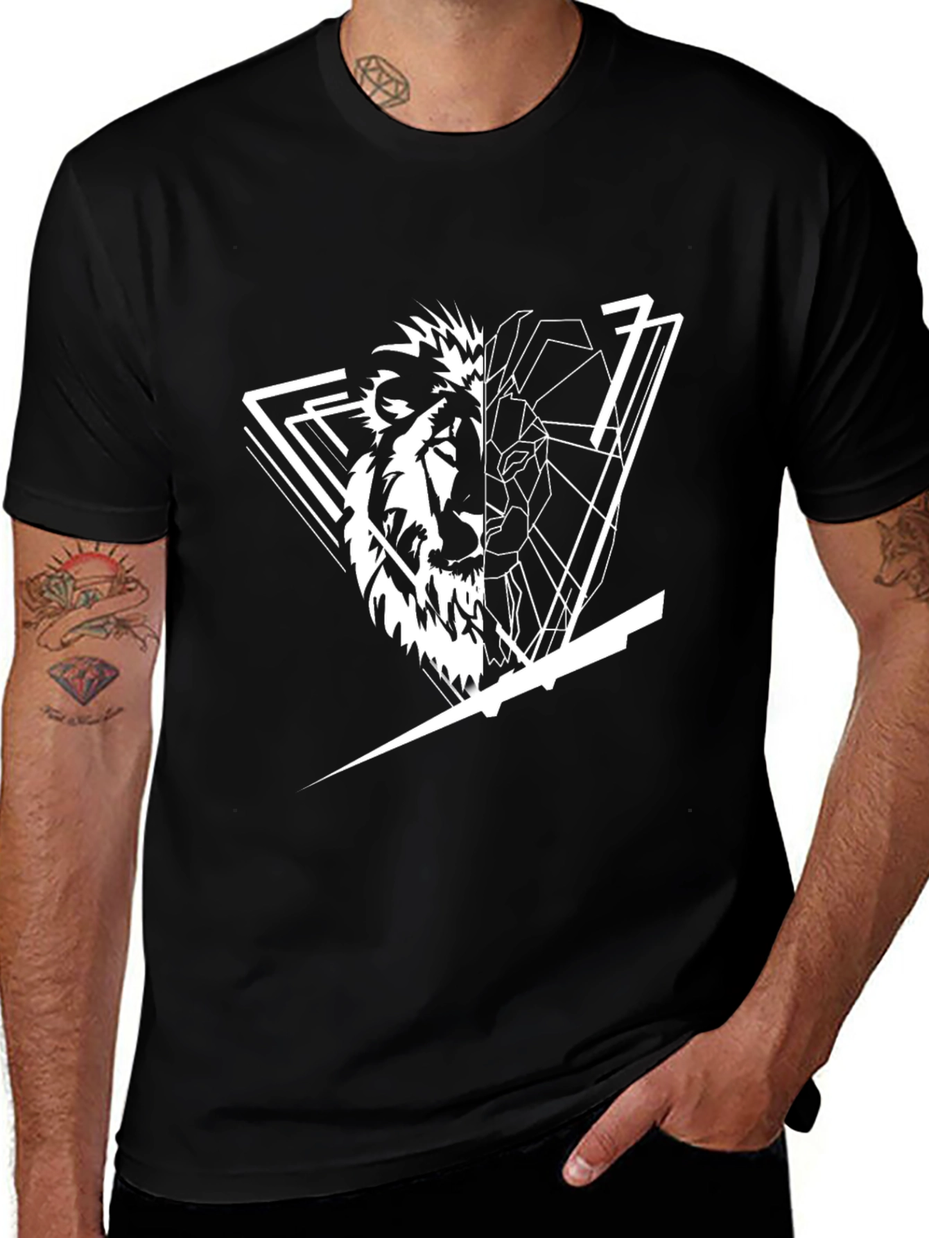 Variant 4 of Geometric Lion Graphic Tee - Modern Black T-Shirt