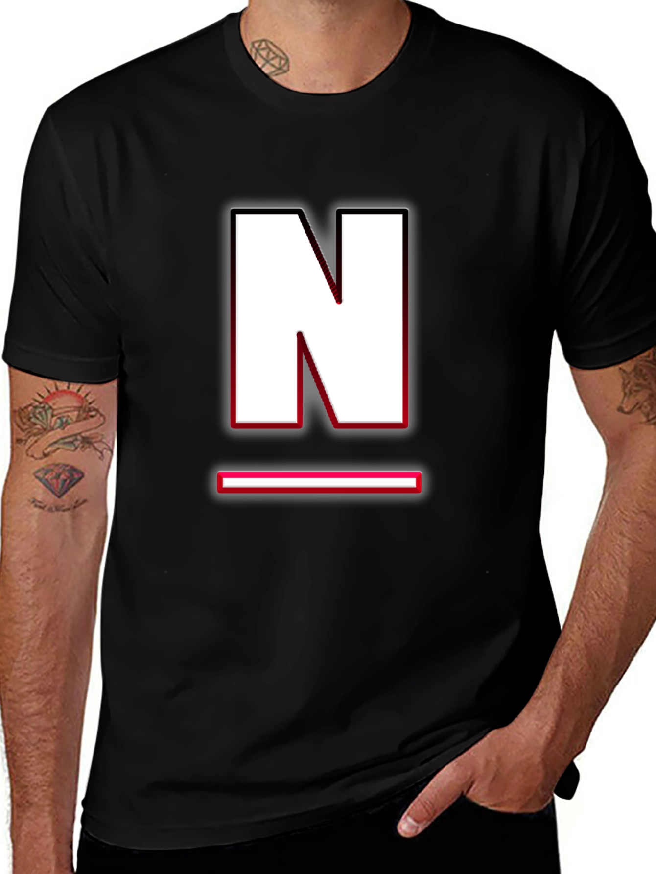 Variant 13 of Black T-Shirt with White "N" Graphic Design