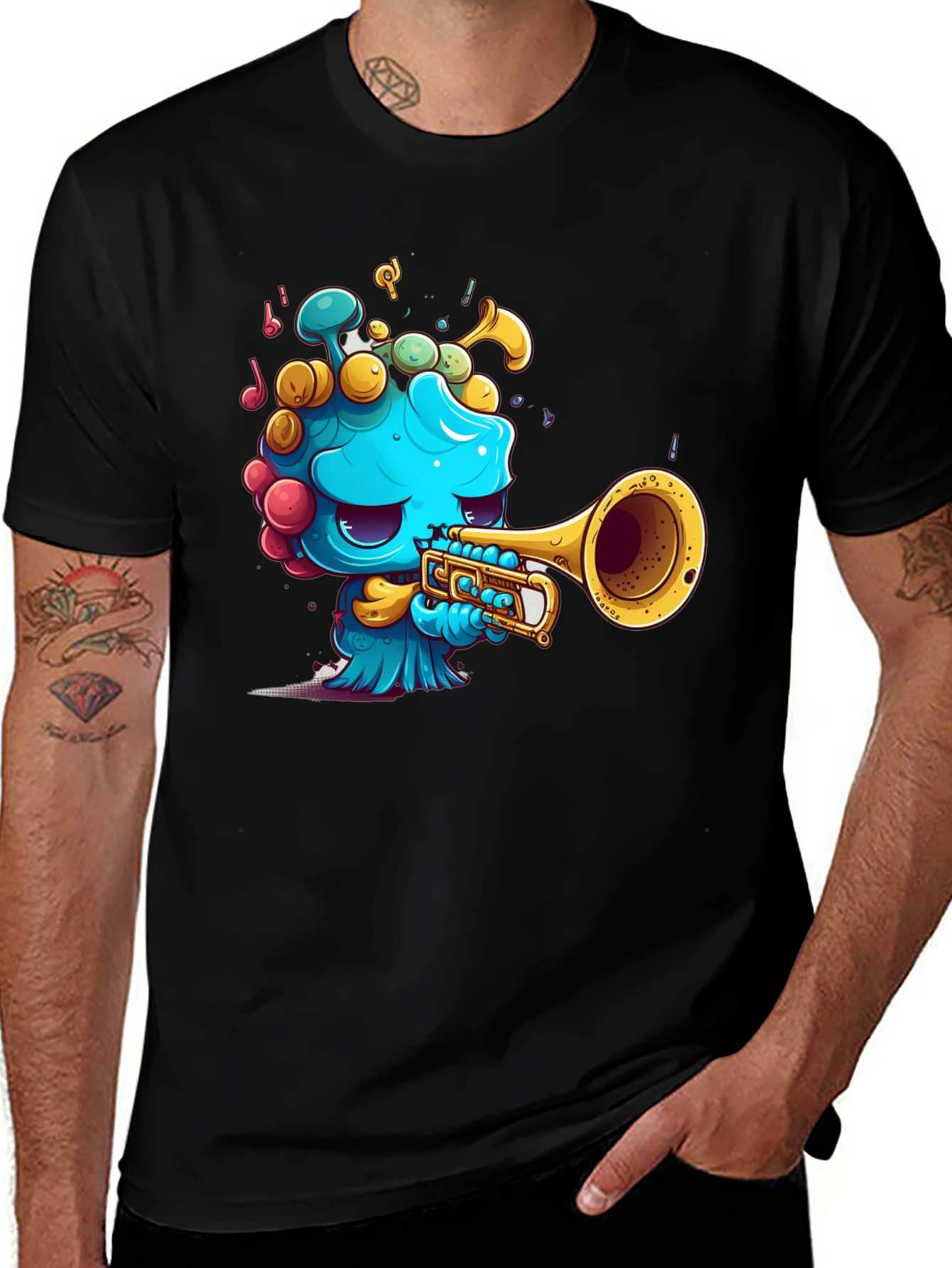 Variant 2 of Cartoon Trumpet Player Black T-Shirt