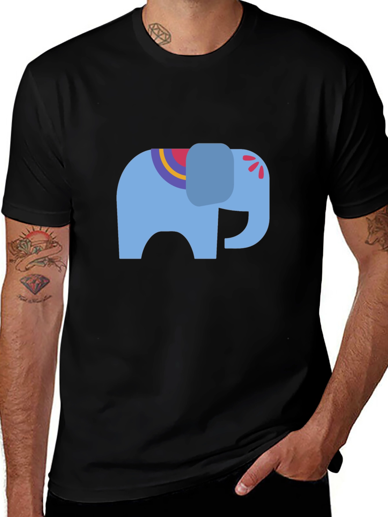 Black Tee with Blue Elephant Graphic