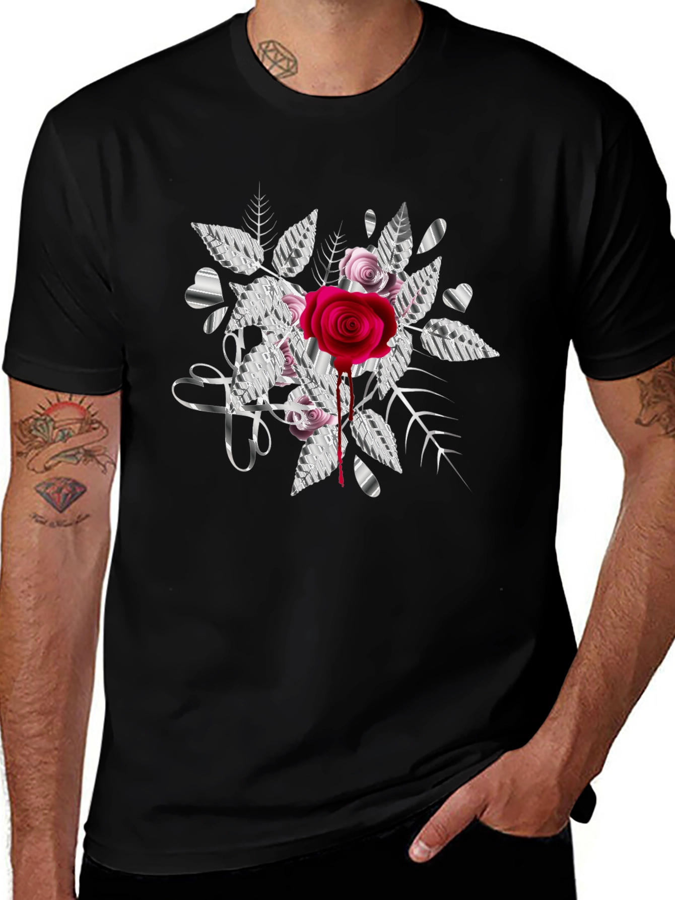 Variant 25 of Rose & Hearts Graphic Print Black Tee
