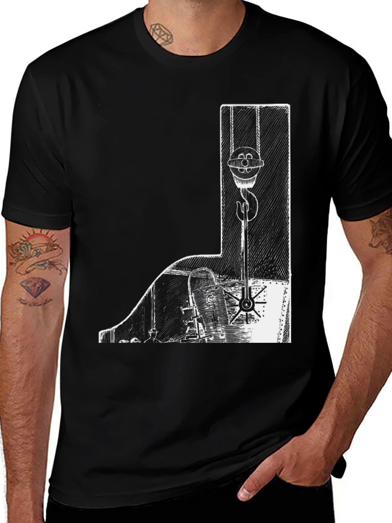 Variant 15 of Nautical Crane Graphic Tee - Black Cotton T-Shirt