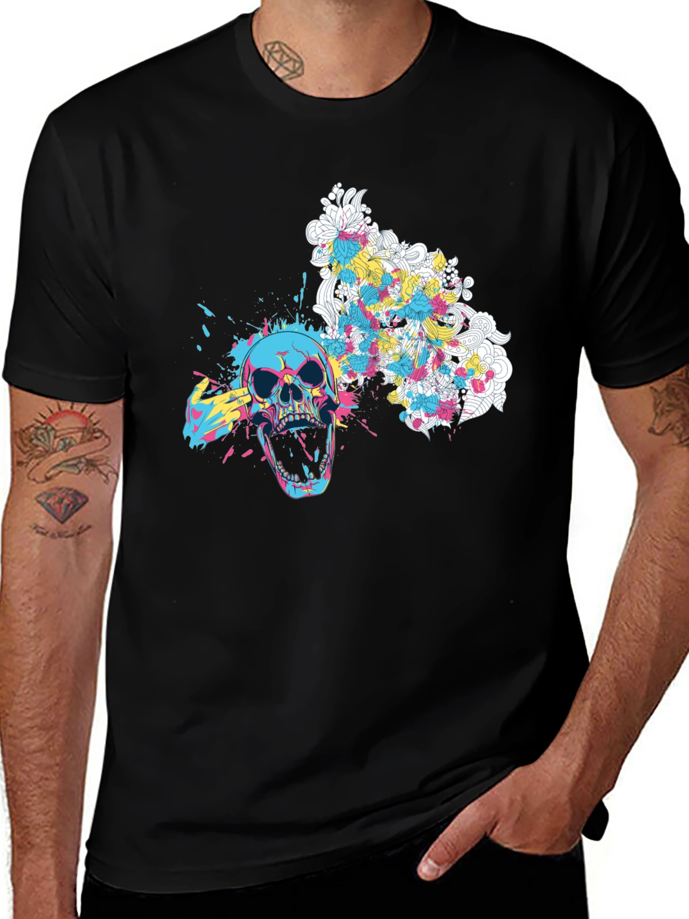 Variant 23 of Vibrant Skull Graphic Tee - Artistic Black T-Shirt