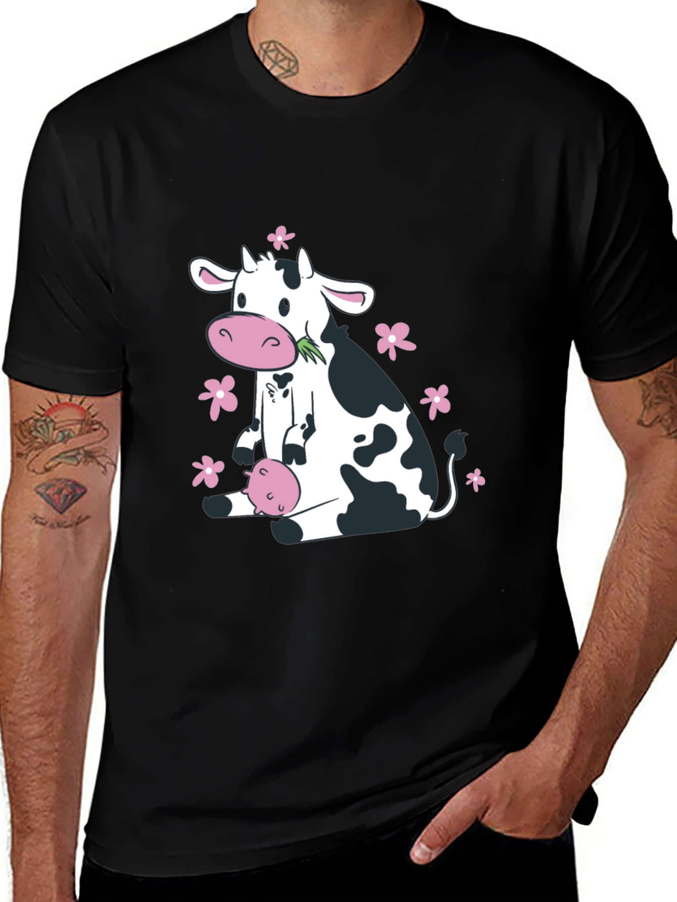 Variant 8 of Cute Cow & Floral Black T-Shirt - Unisex