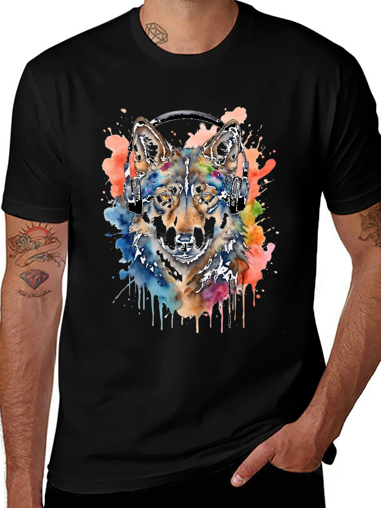 Variant 3 of Wolf Headphone T-Shirt: Watercolor Style