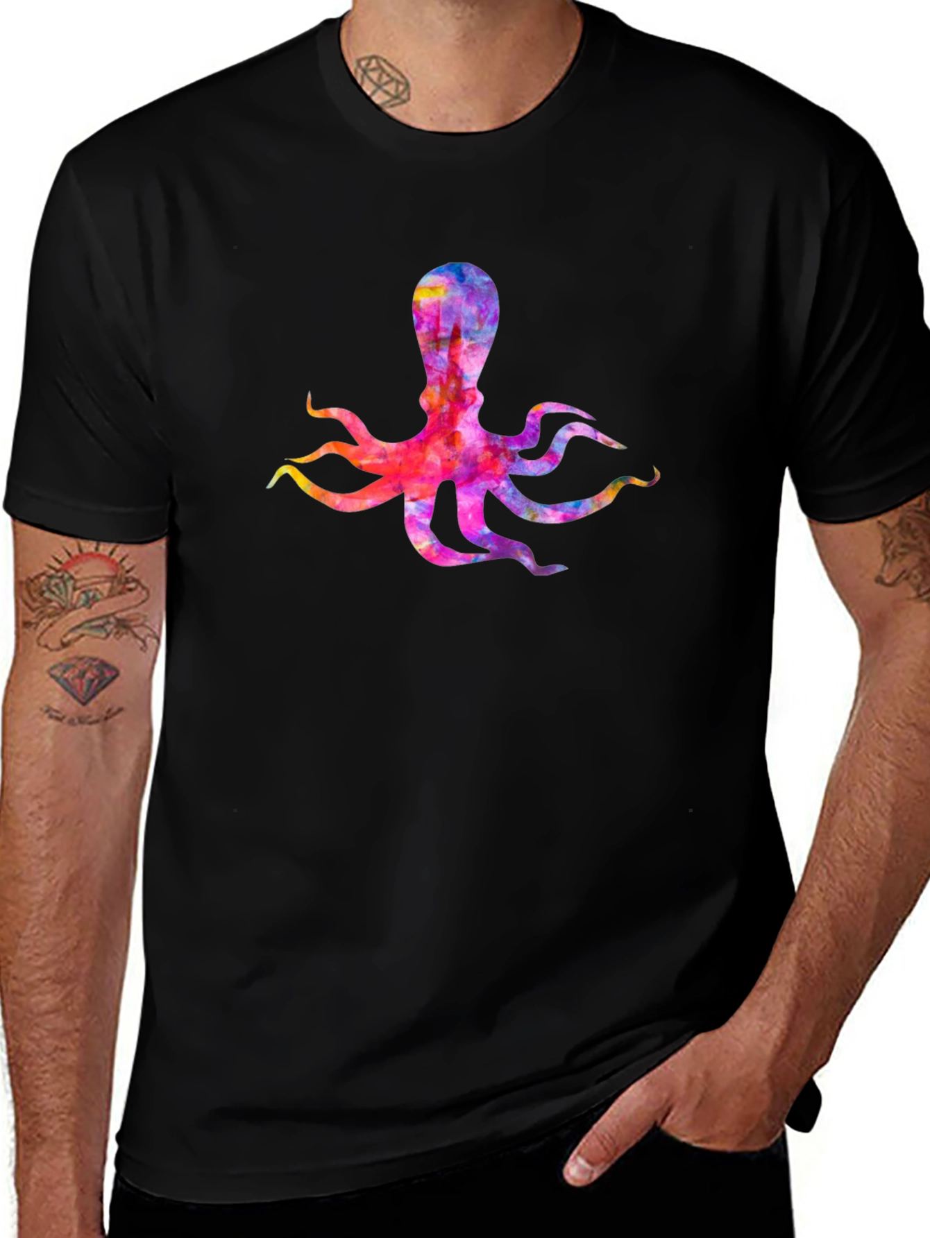 Variant 15 of Colorful Octopus Graphic T-Shirt - Black Cotton Tee