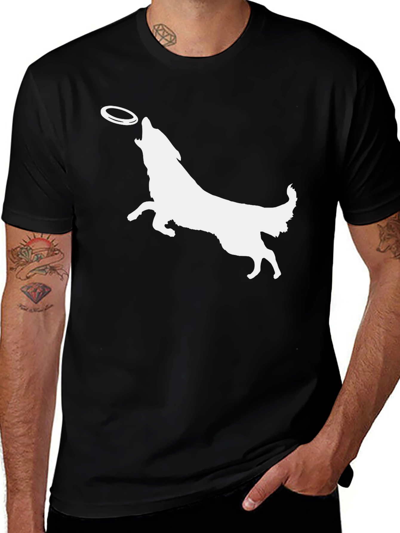 Variant 13 of Dog Catching Frisbee Graphic Tee - Black