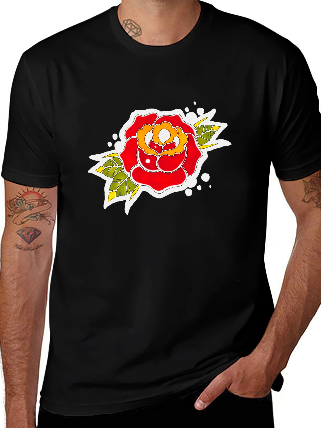Variant 13 of Black Tee with Traditional Rose Tattoo Design