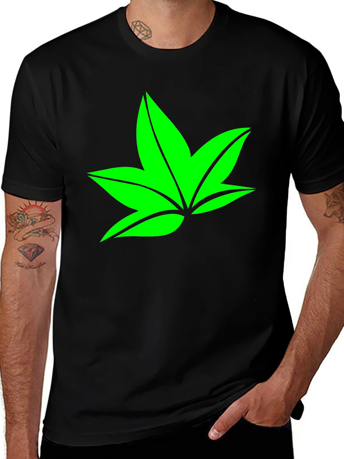 Variant 23 of Green Leaf Graphic Black T-Shirt