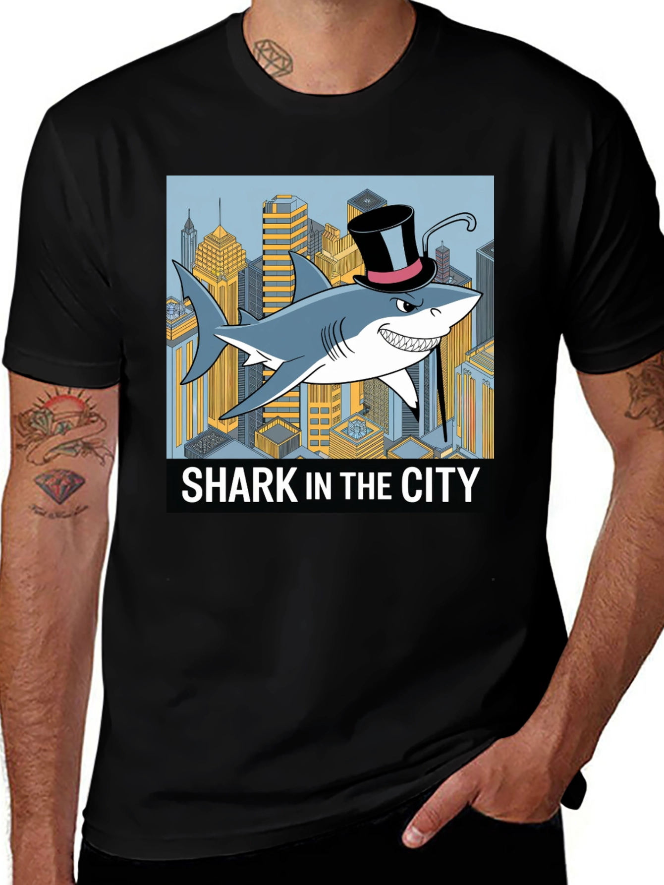 Variant 11 of Shark in the City Graphic T-Shirt - Funny Cartoon Tee
