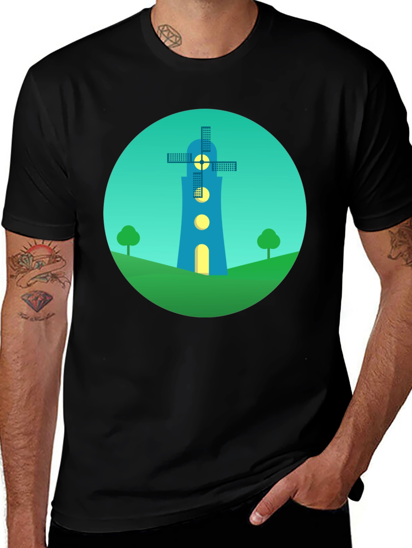 Variant 20 of Whimsical Windmill Graphic Tee - Men's Black T-Shirt