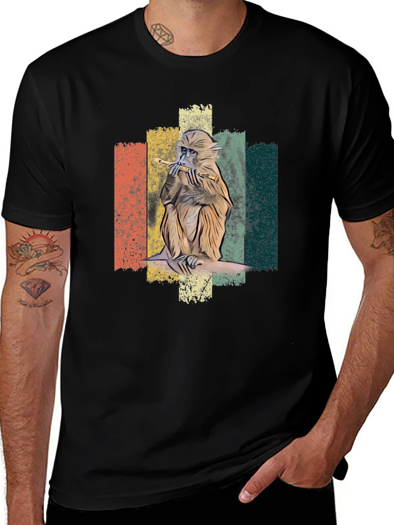 Variant 12 of Monkey Flute Player Graphic Tee - Men's Black T-Shirt