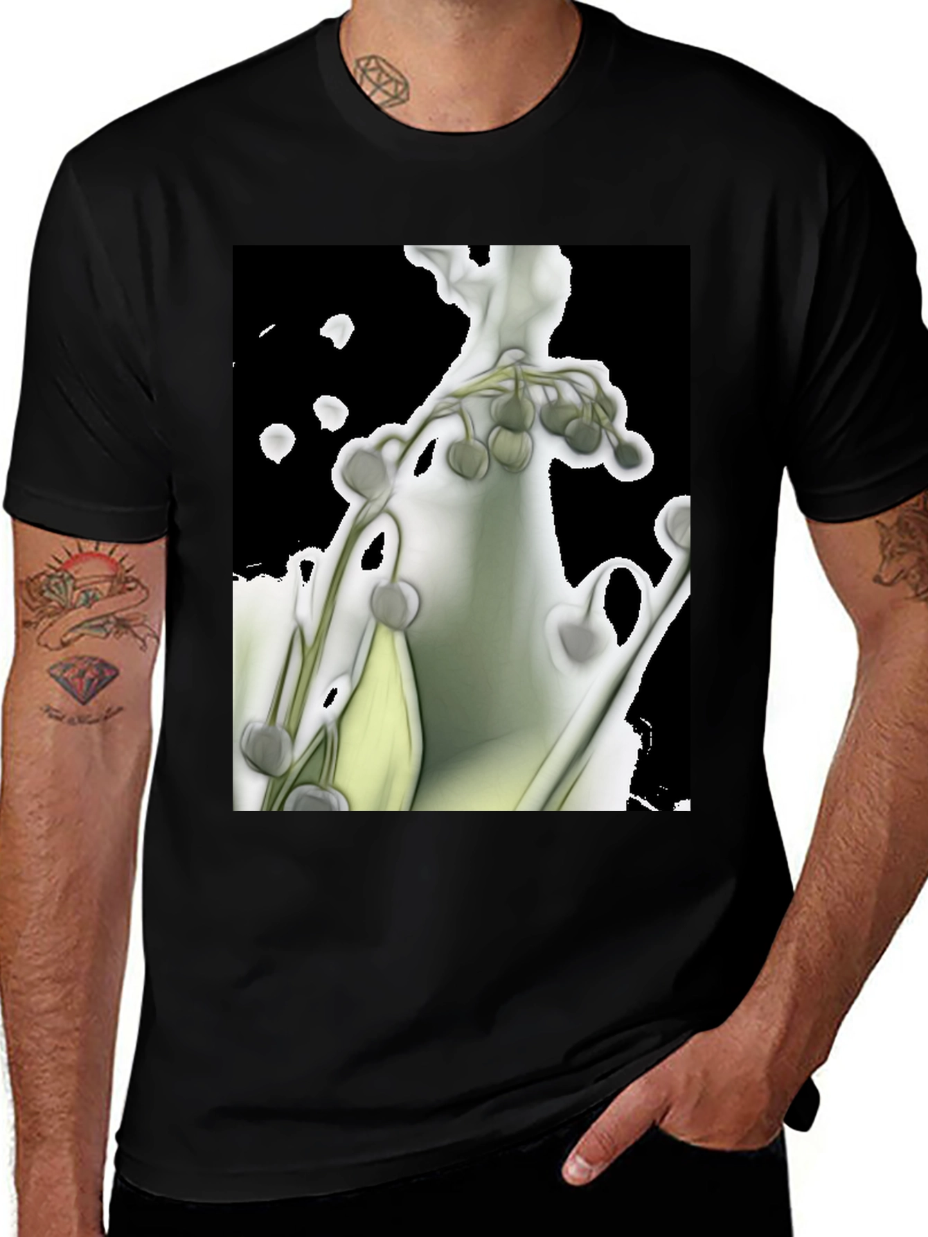 Variant 9 of Botanical Print Black T-Shirt - Artistic Style