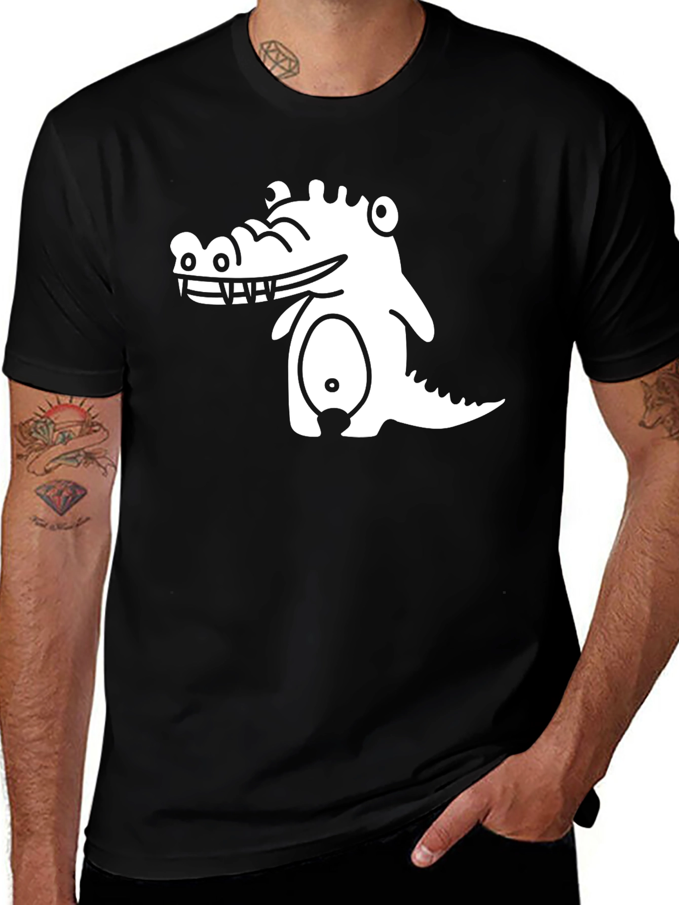 Variant 2 of Cartoon Crocodile Graphic Tee - Black Casual T-Shirt