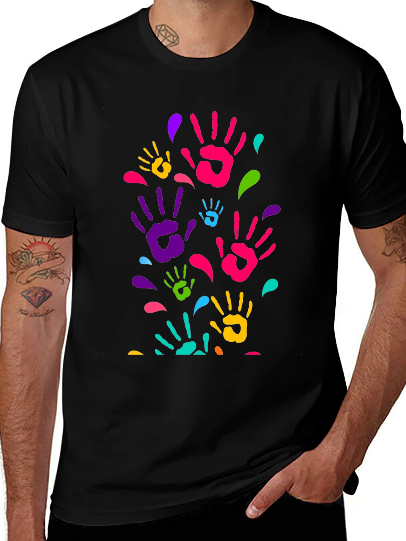 Variant 22 of Colorful Handprint T-Shirt - Black Cotton Blend