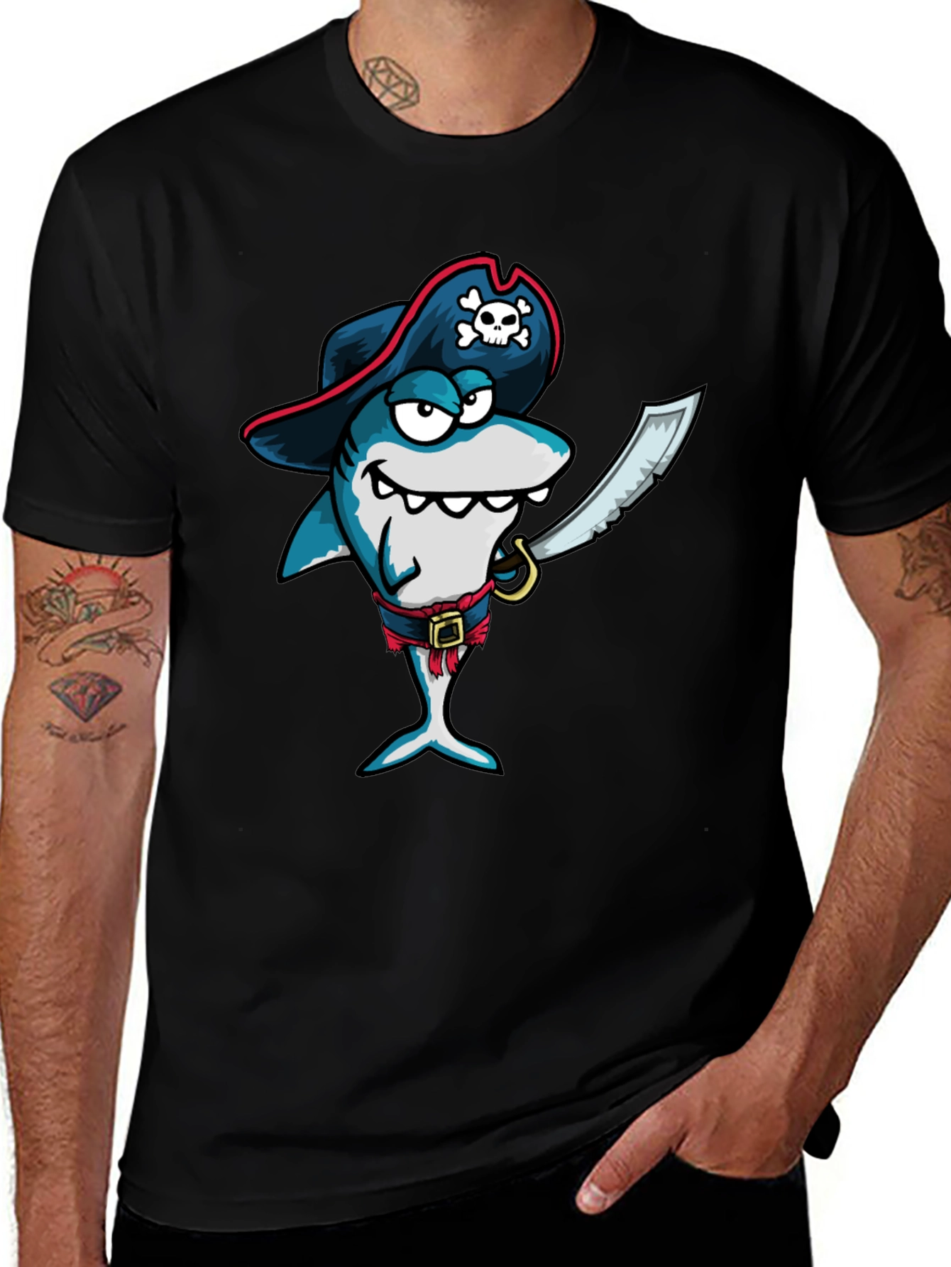 Variant 25 of Pirate Shark Graphic Tee - Black Cotton T-Shirt
