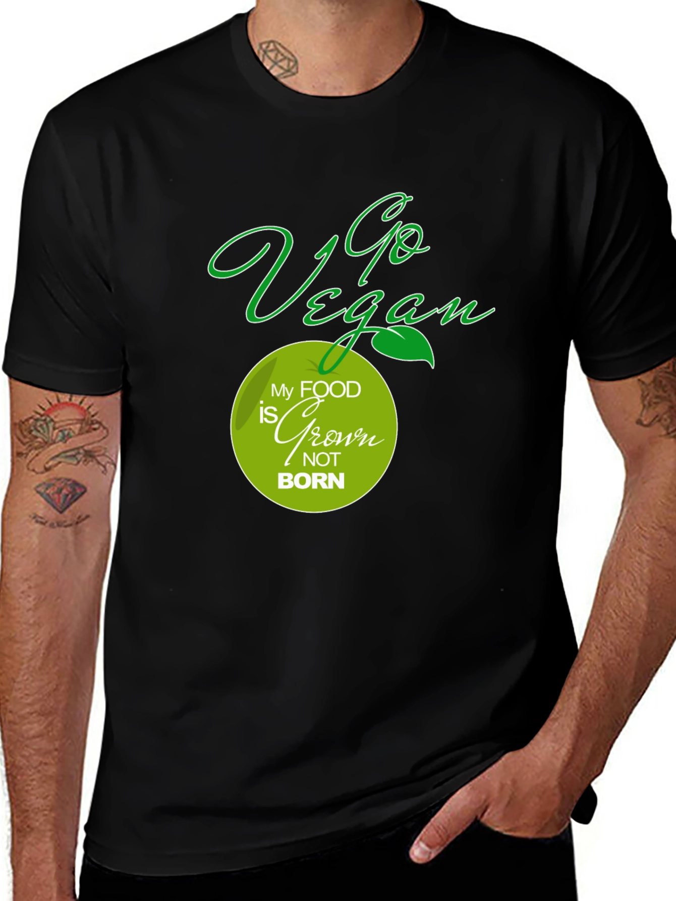 Variant 28 of Go Vegan T-Shirt: My Food is Grown, Not Born - Black Tee