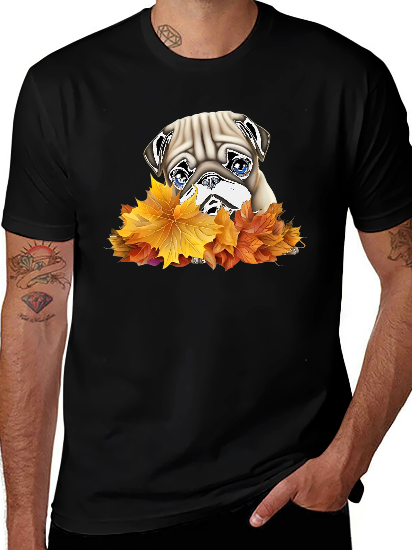 Variant 26 of Pug in Leaves Graphic T-Shirt - Black