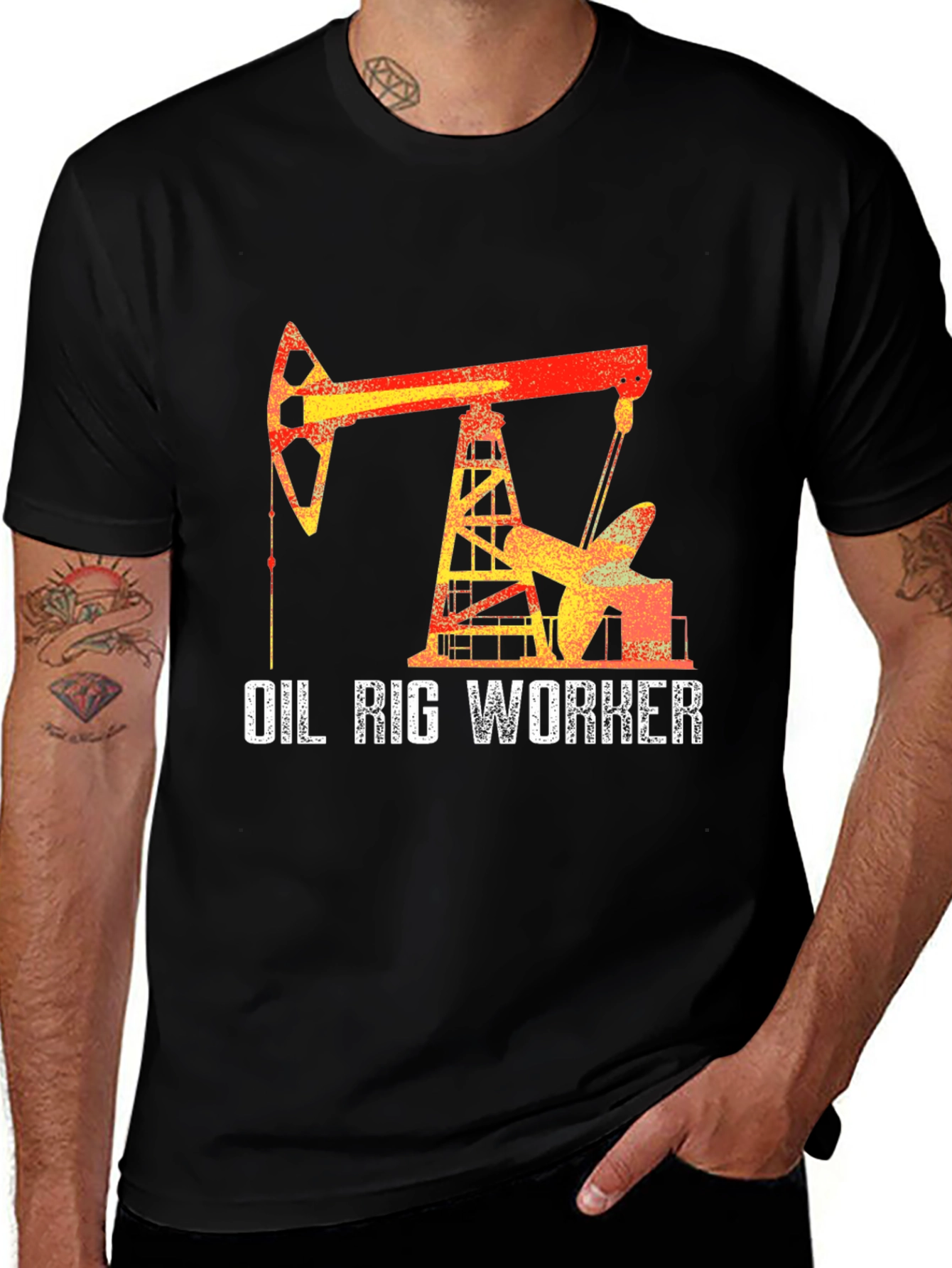 Black Oil Rig Worker Graphic T-Shirt - Black Crew Neck main image