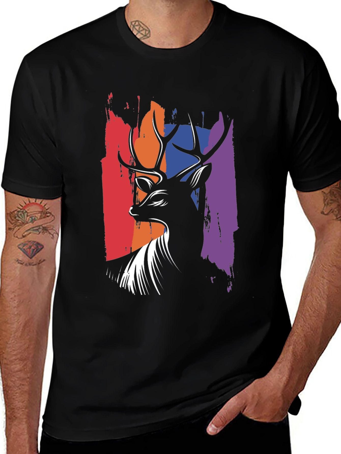 Black Abstract Deer Graphic Tee - Men's Black T-Shirt main image