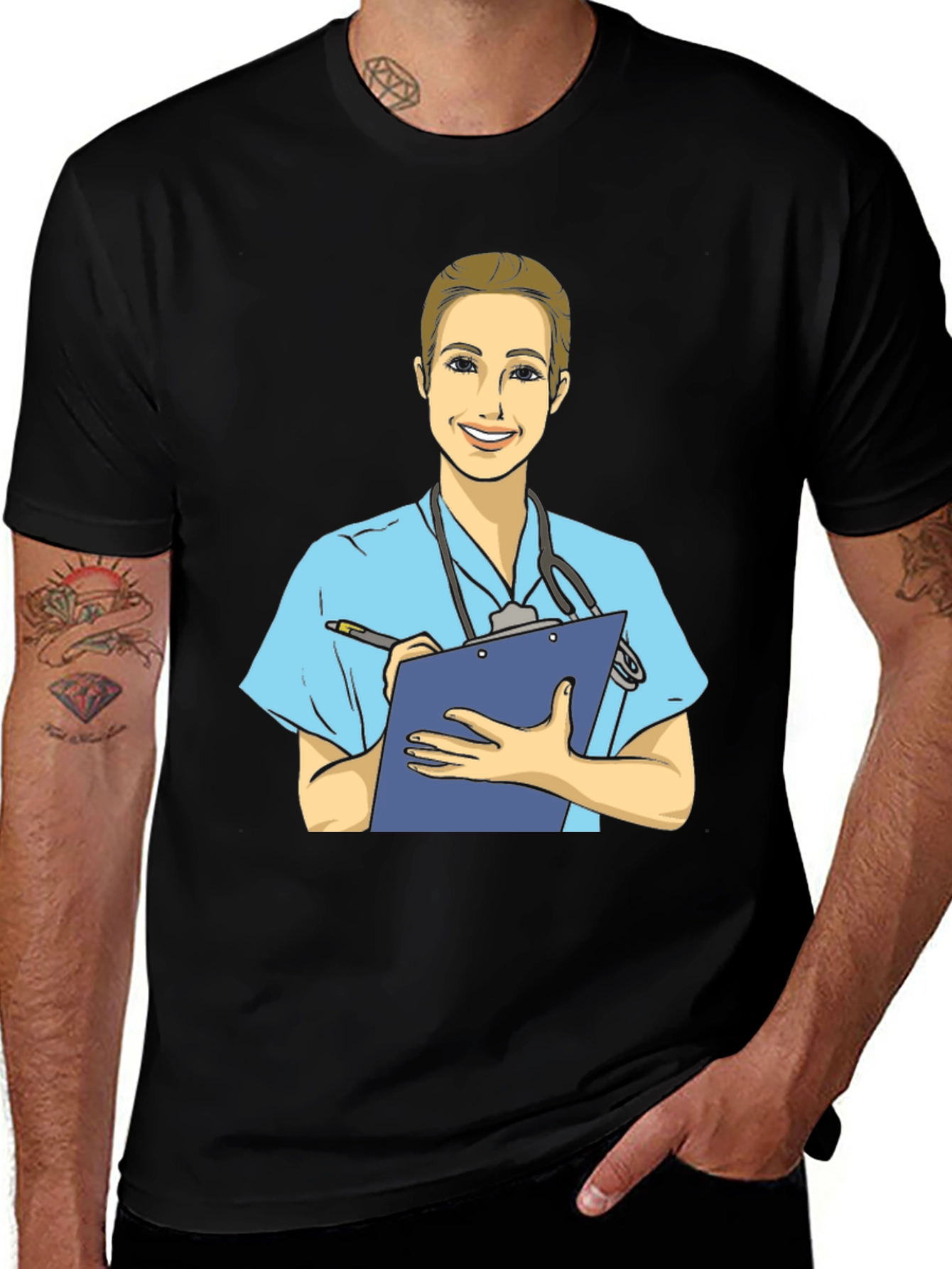 Variant 17 of Cartoon Nurse T-Shirt - Black Cotton Blend