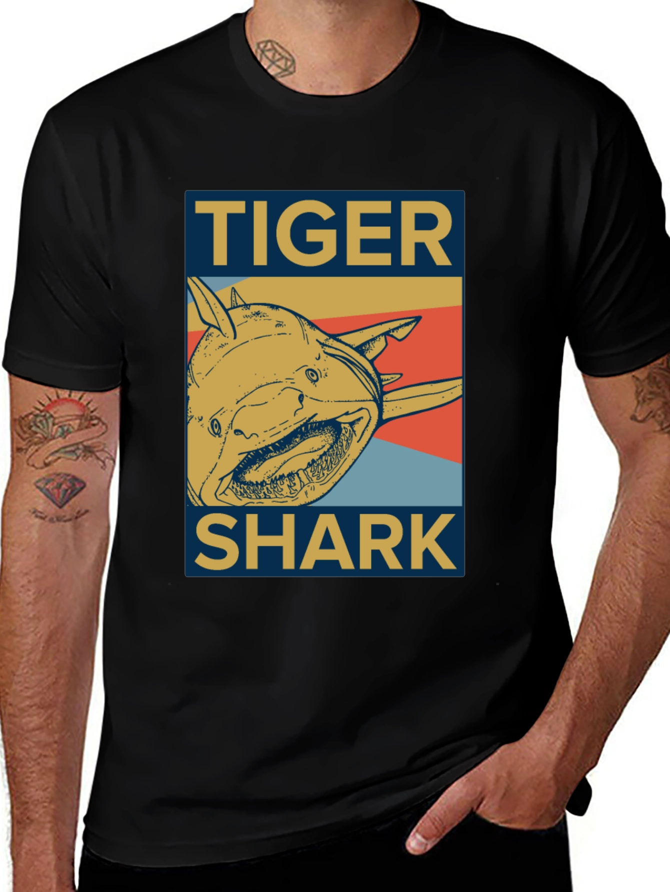 Tiger Shark Graphic Tee - Men's Black Cotton T-Shirt