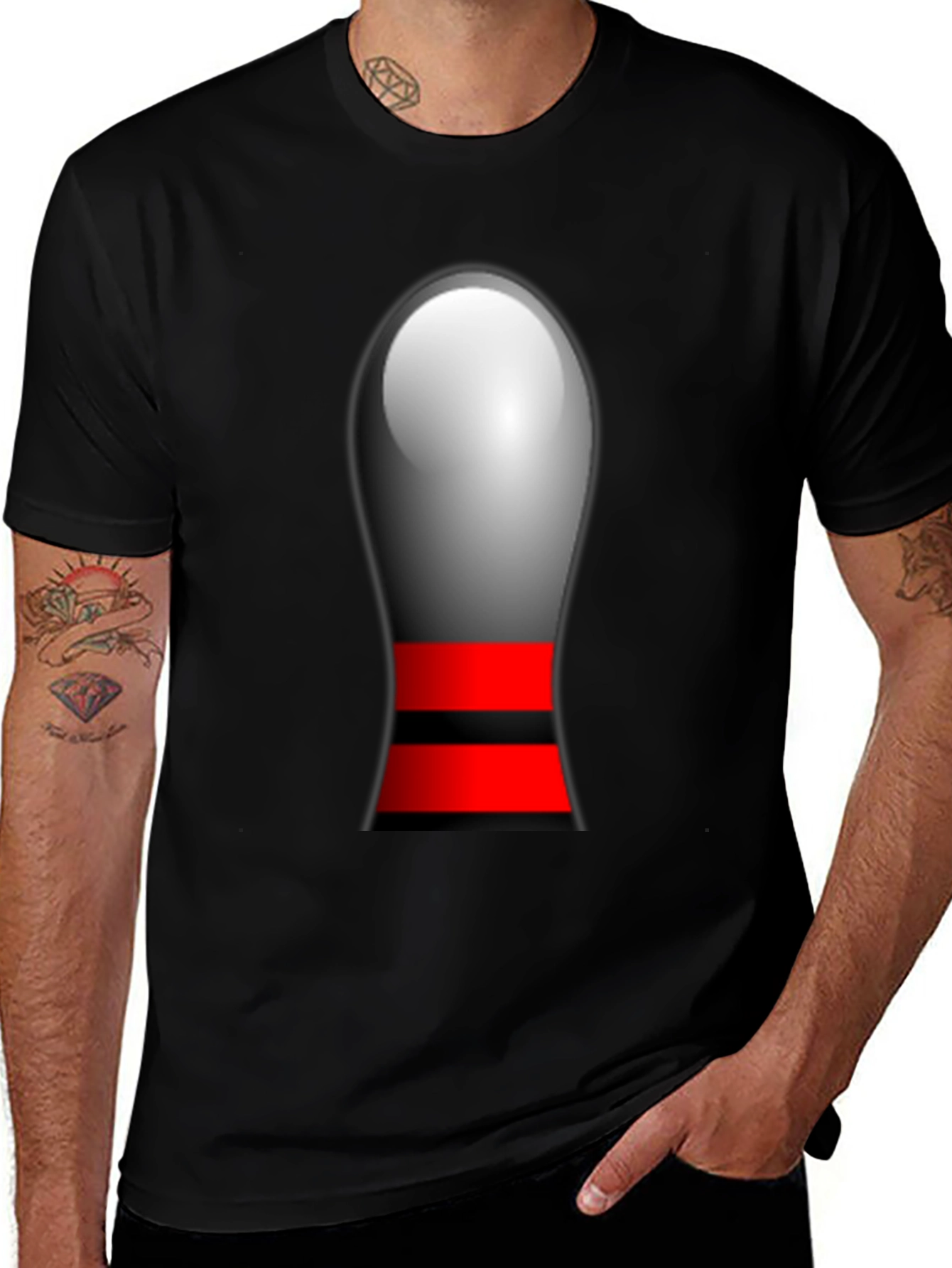 Variant 20 of Unique Bowling Pin Graphic Tee - Men's Black T-Shirt