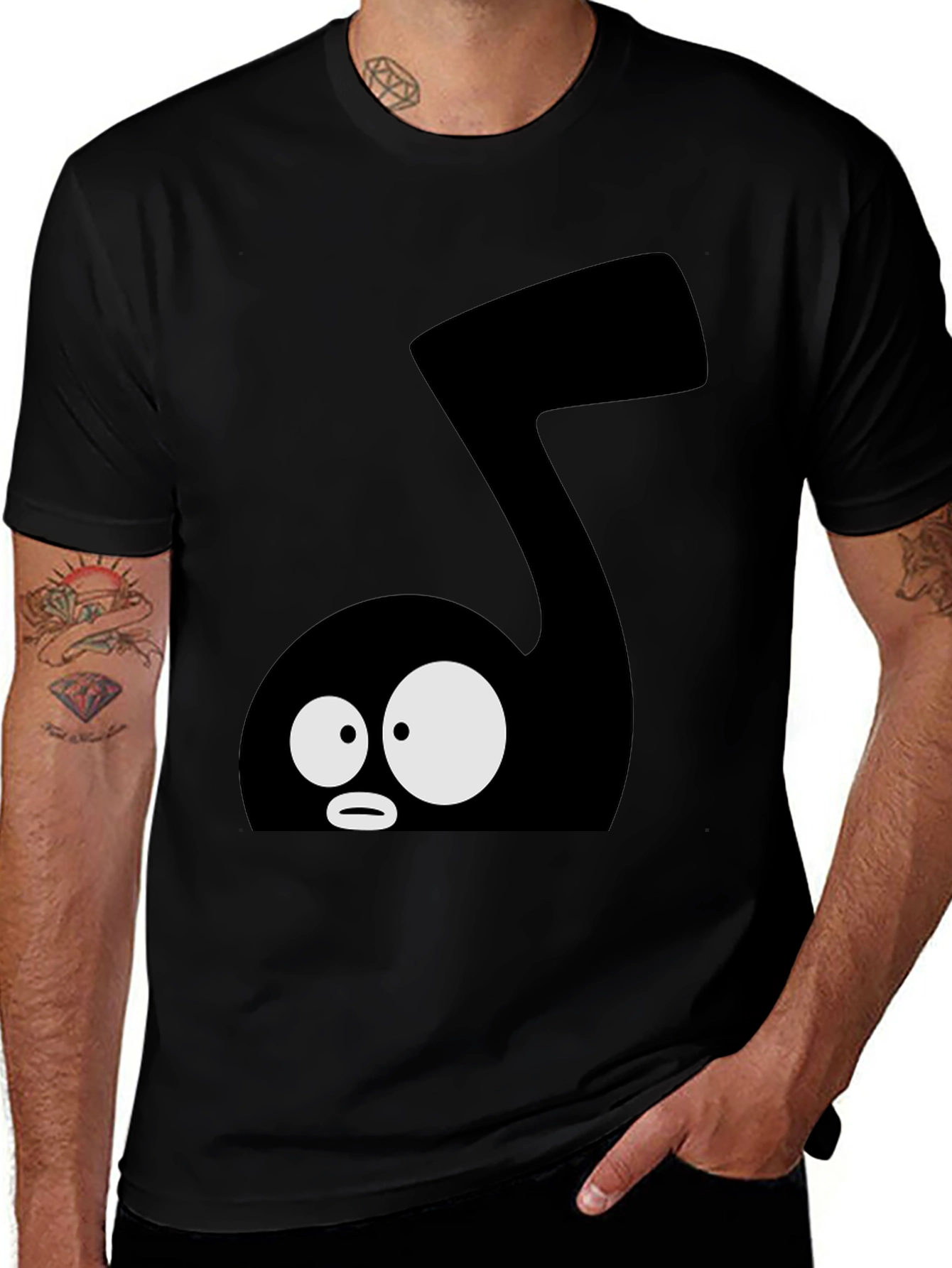 Variant 11 of Cartoon Music Note Graphic Tee - Black Cotton T-Shirt