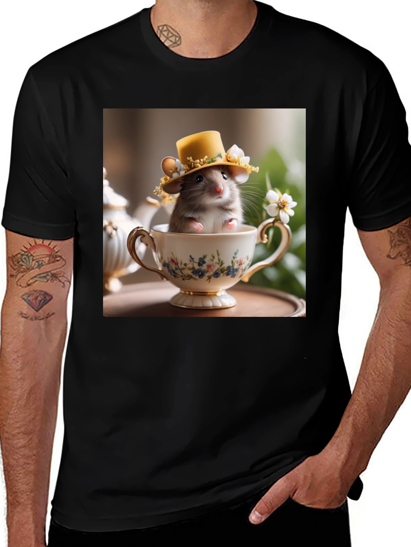 Black Cute Hamster in Teacup Graphic Tee main image