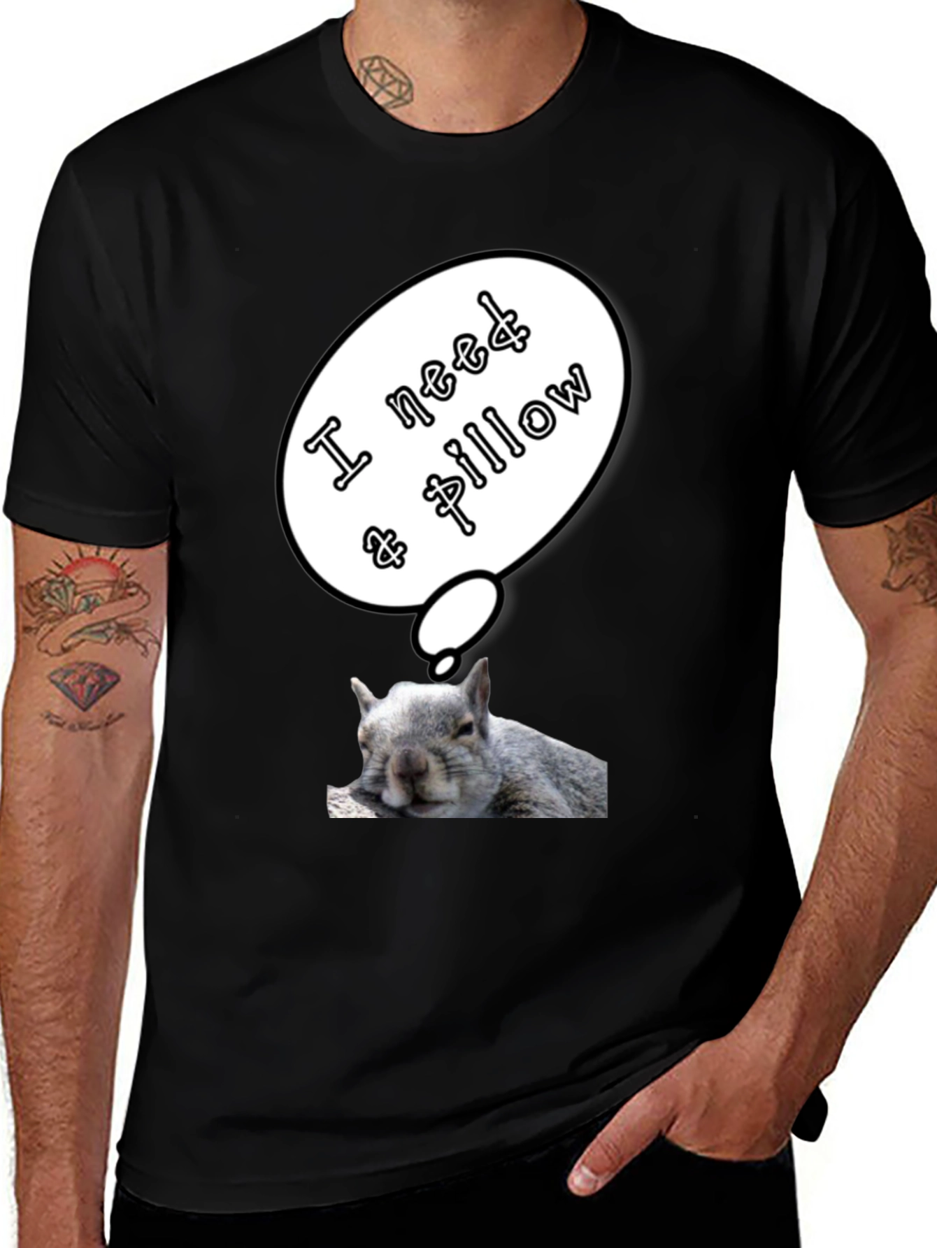 Variant 13 of Funny Squirrel T-Shirt - "I Need a Pillow" Black Tee
