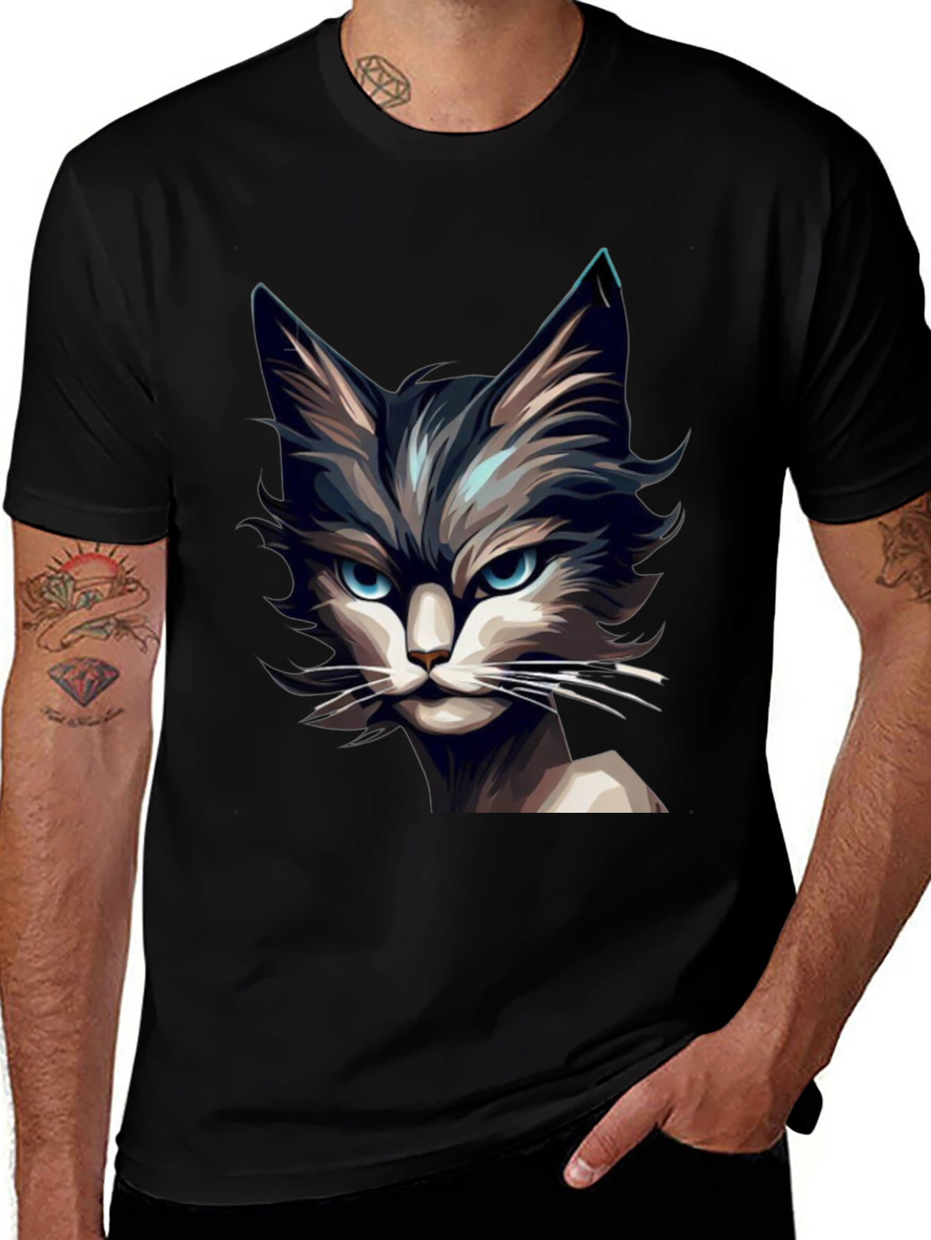 Variant 7 of Men's Black T-Shirt with Cat Graphic