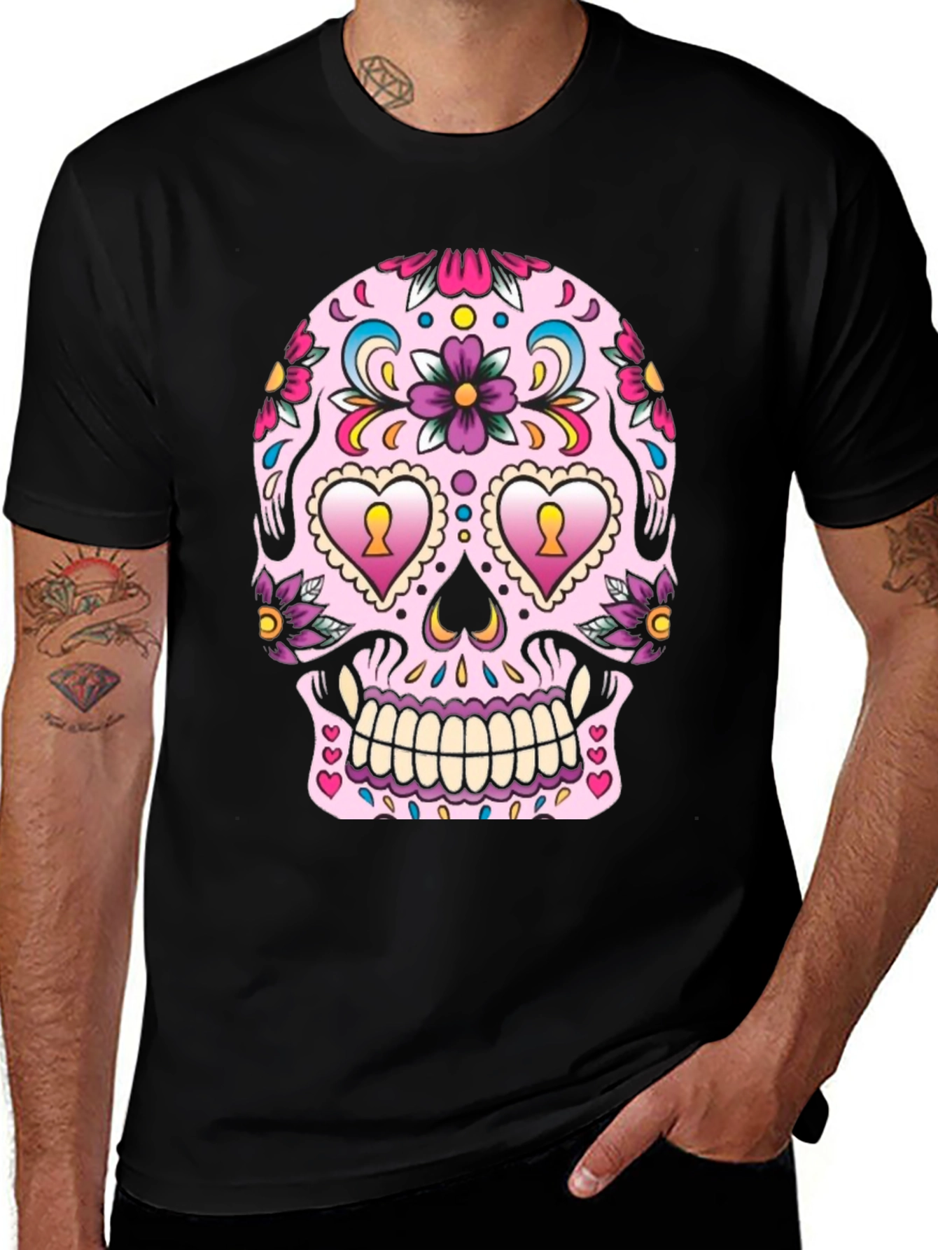 Black Sugar Skull Graphic Tee - Day of the Dead Style main image