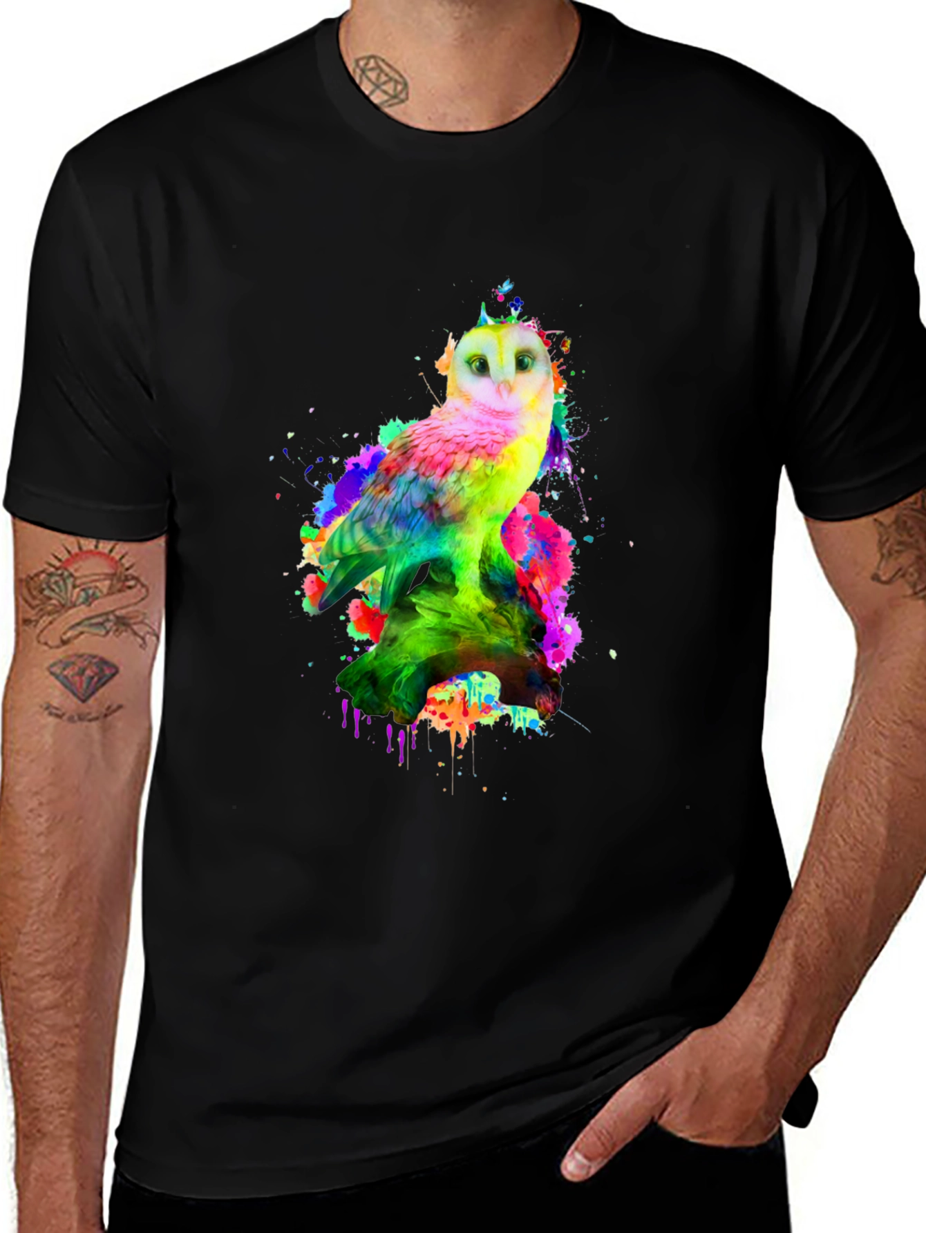Variant 30 of Colorful Owl Graphic Print Black T-Shirt