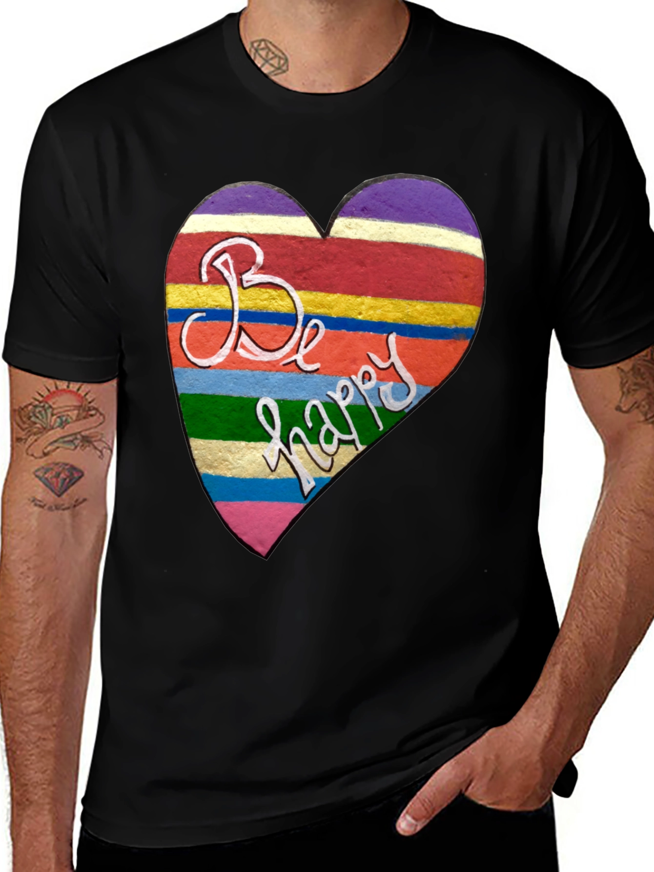 Variant 10 of Be Happy Heart Stripe Graphic Tee - Unisex