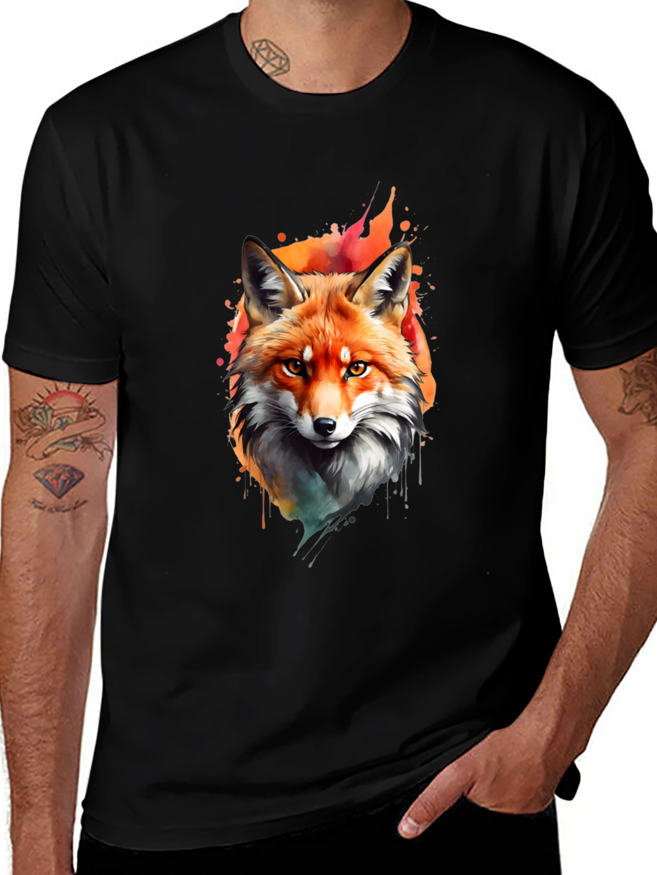 Variant 3 of Fox Watercolor Graphic Print Black T-Shirt