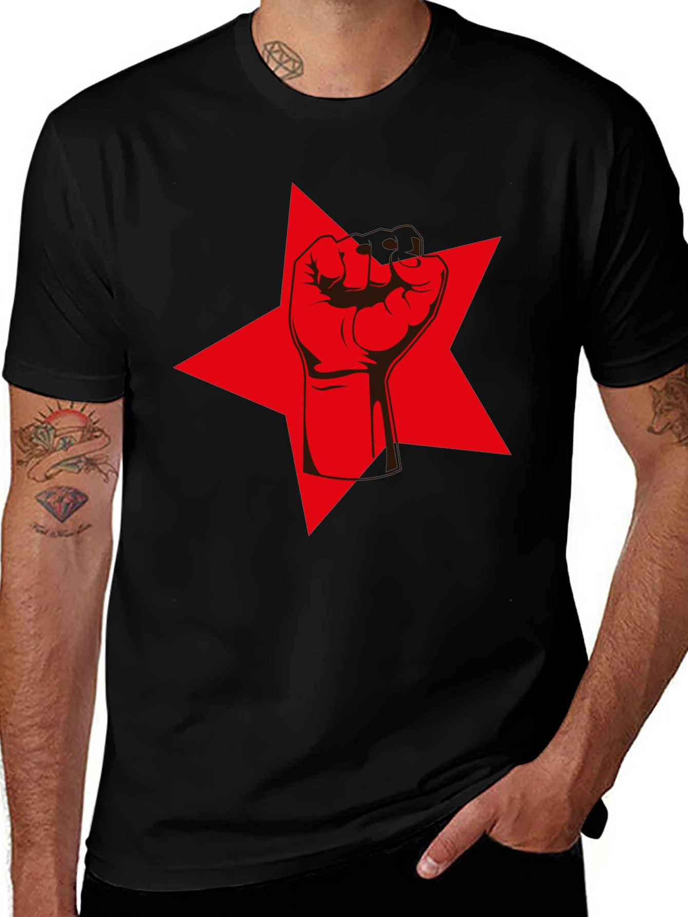 Variant 23 of Red Star Fist Graphic Tee - Black Cotton Casual T-Shirt