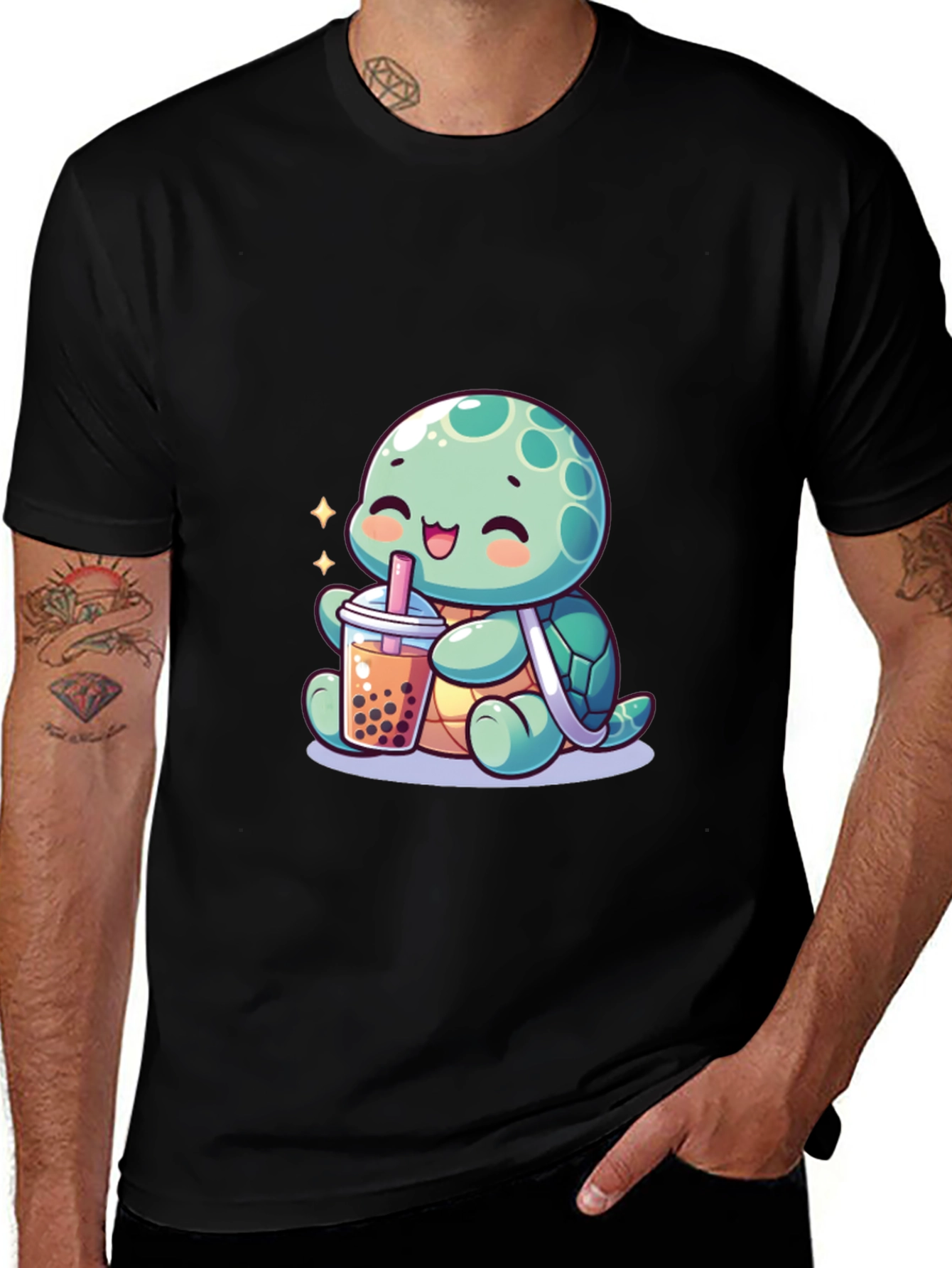Variant 8 of Cute Turtle Boba Tea Graphic Tee - Black T-Shirt