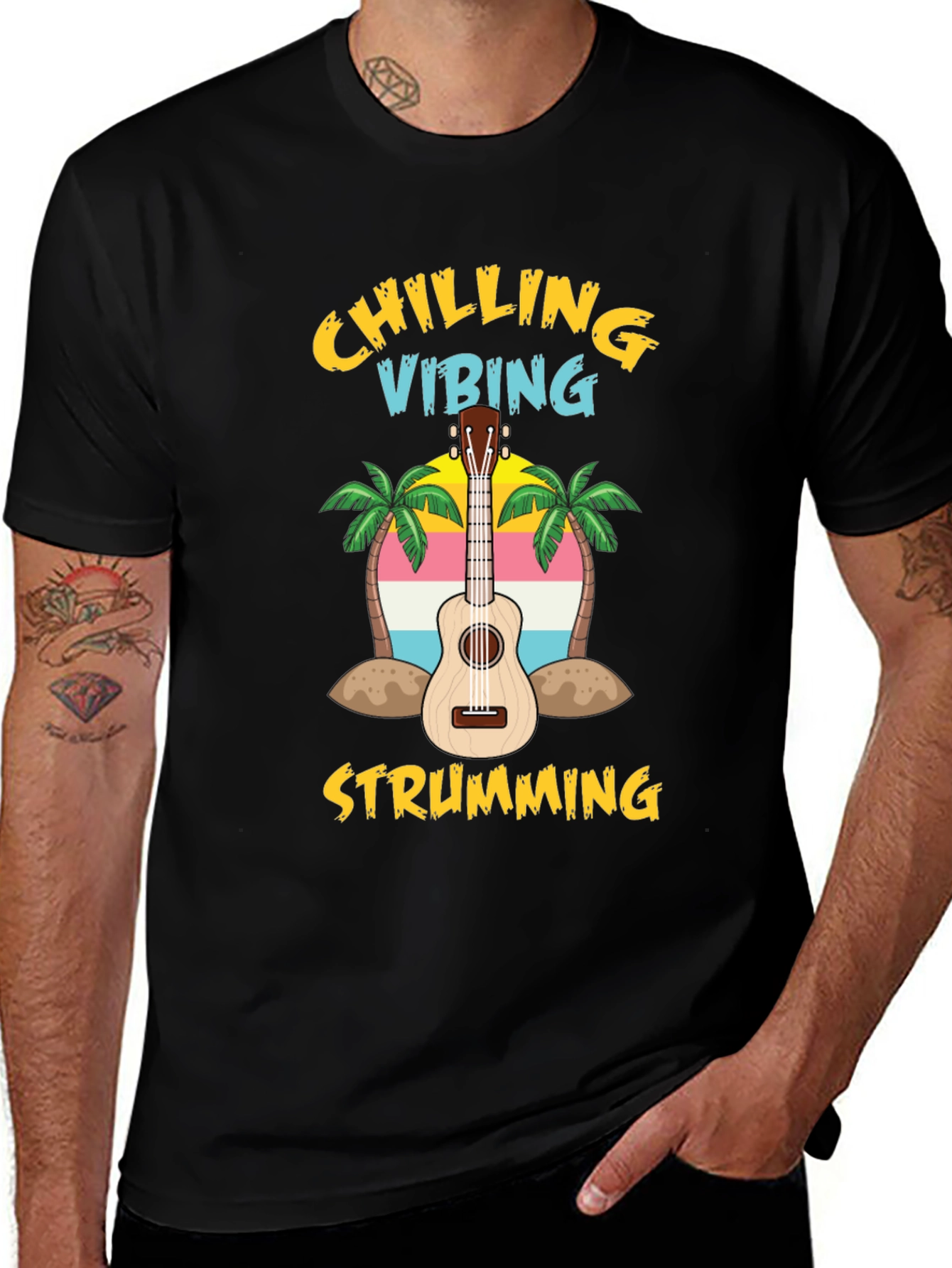 Black Chilling Vibing Strumming Ukulele T-Shirt main image