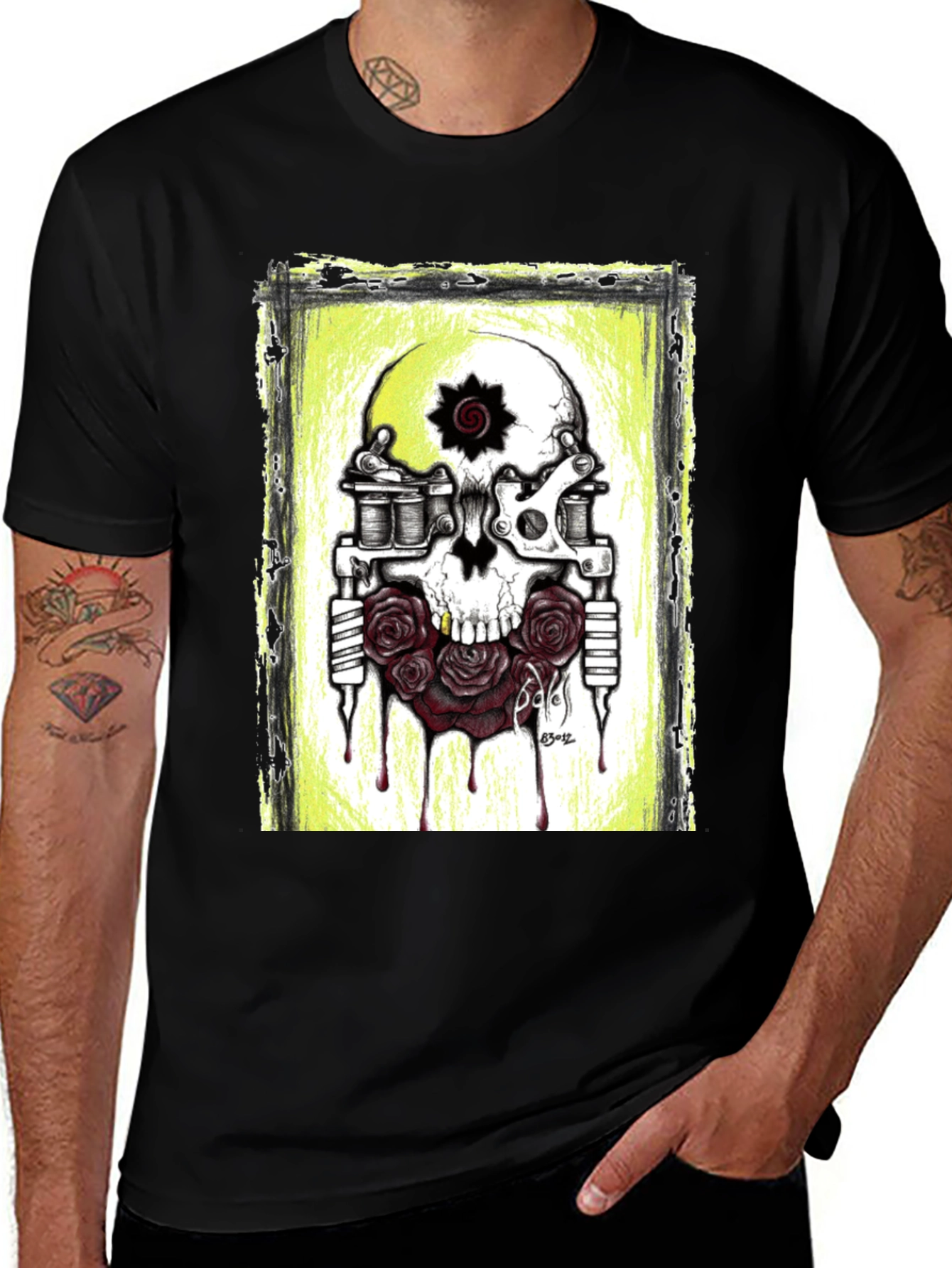 Variant 28 of Skull Tattoo Machine Rose Graphic Black T-Shirt