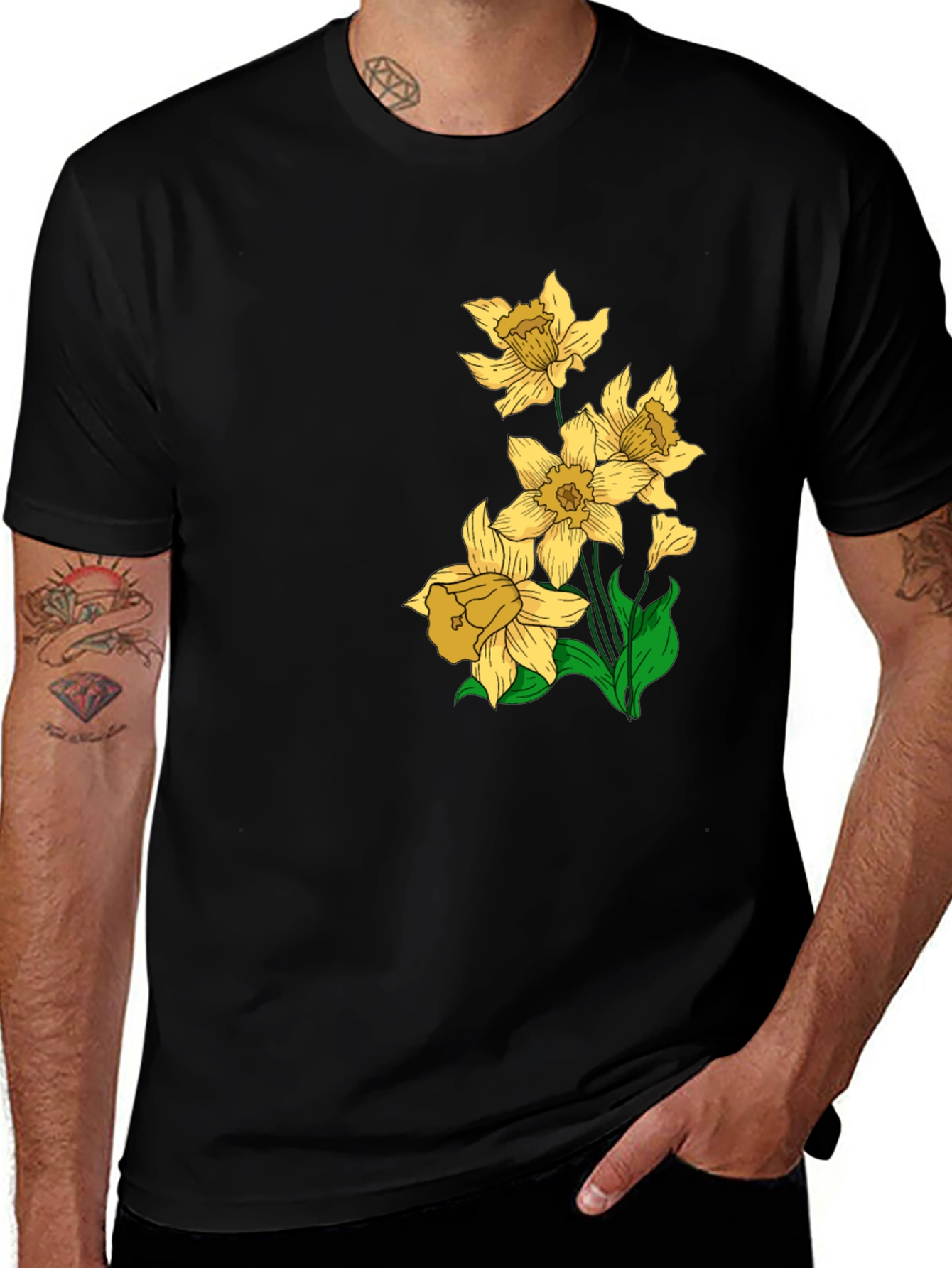 Variant 26 of Daffodil Print Black T-Shirt - Floral Design