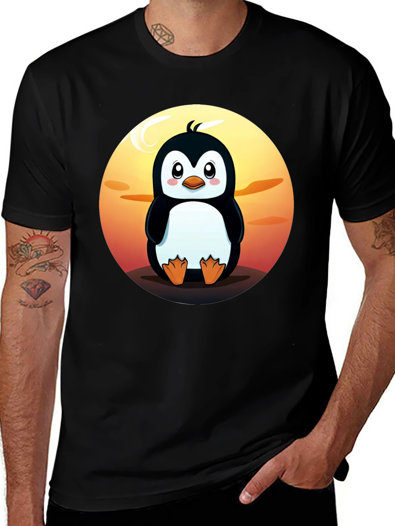 Variant 3 of Cute Penguin Graphic T-Shirt - Black Crew Neck Tee