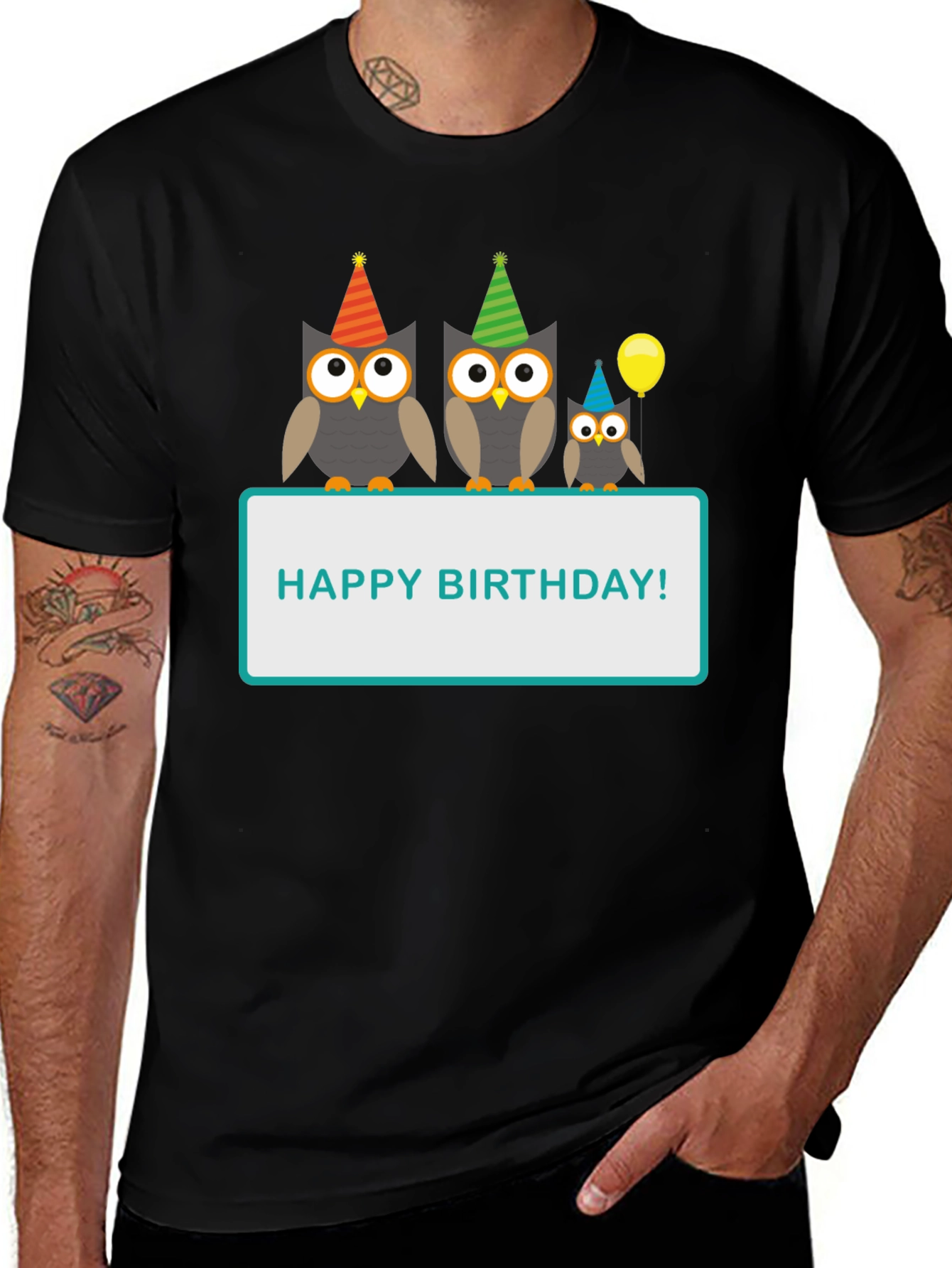 Black Happy Birthday Owl T-Shirt main image