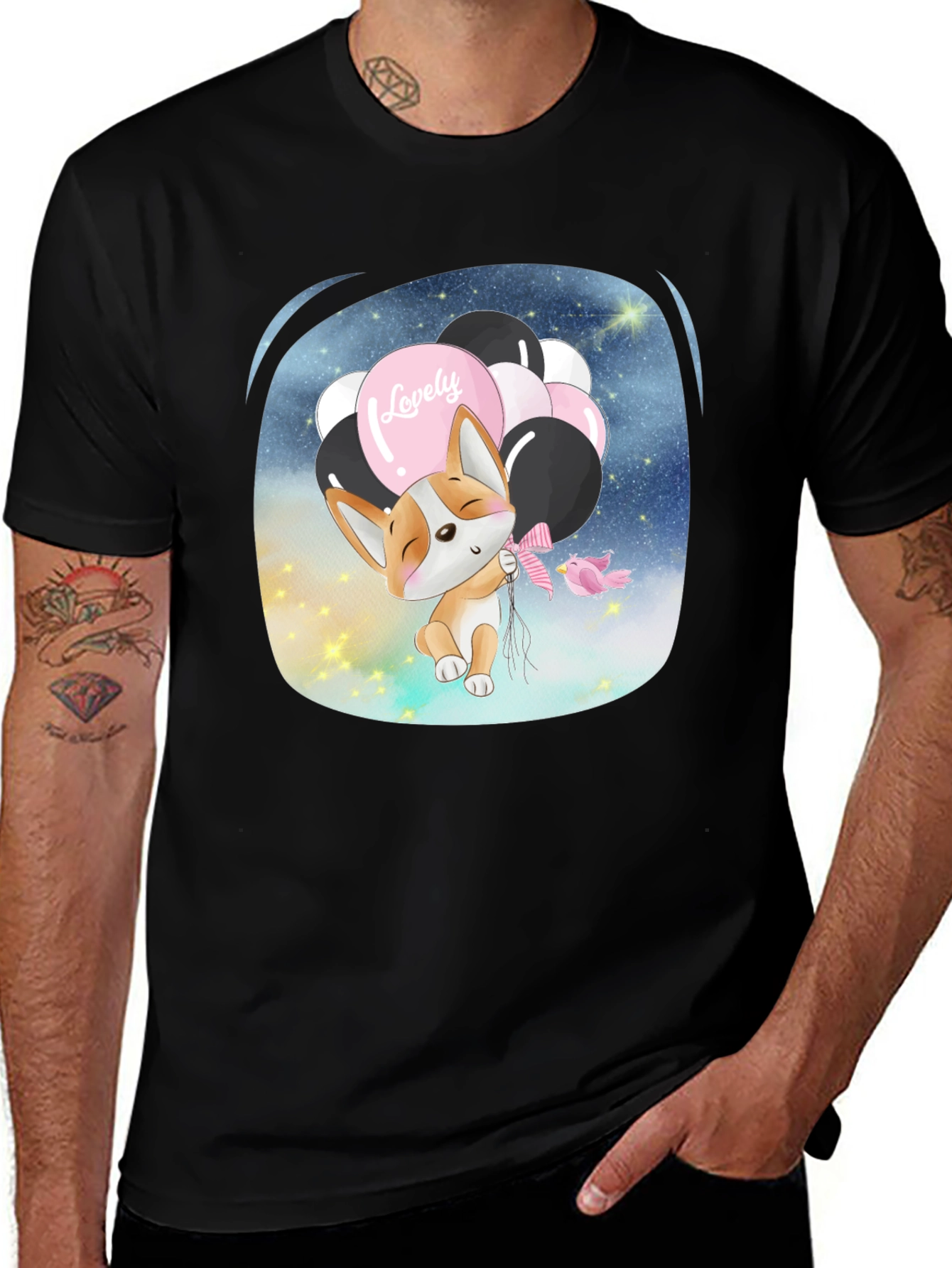 Variant 3 of Cute Corgi with Balloons Black Graphic Tee