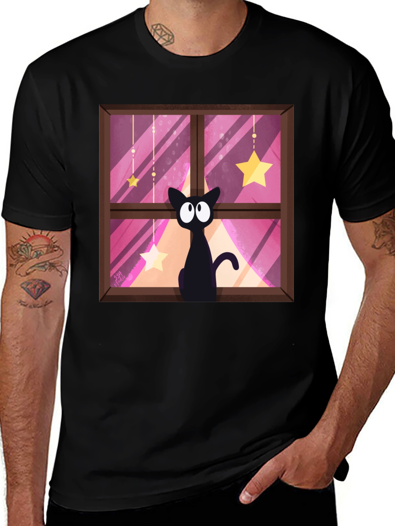Variant 13 of Black Cat Window Starry Night Graphic Tee