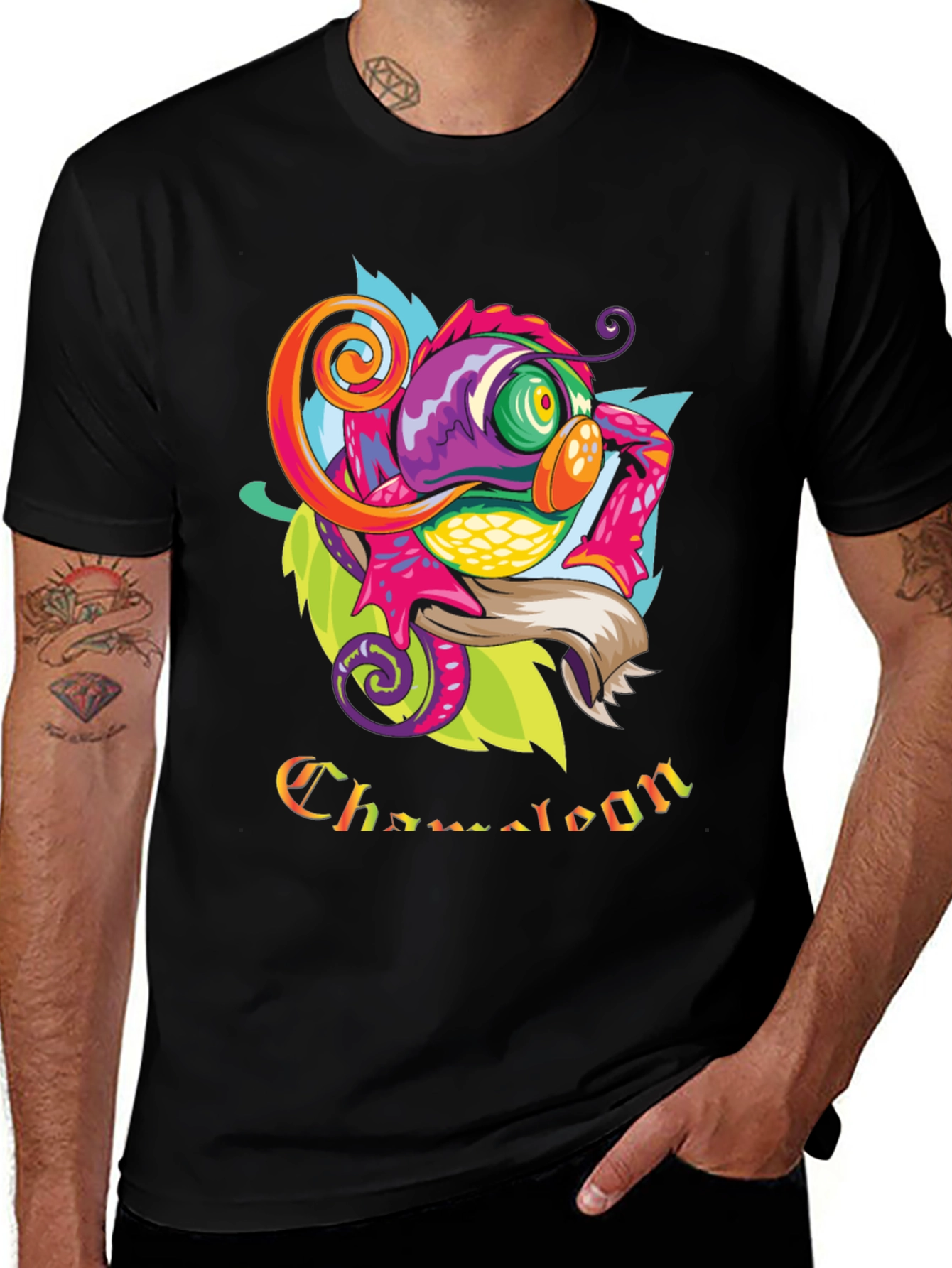 Variant 20 of Colorful Chameleon Graphic Print Black T-Shirt