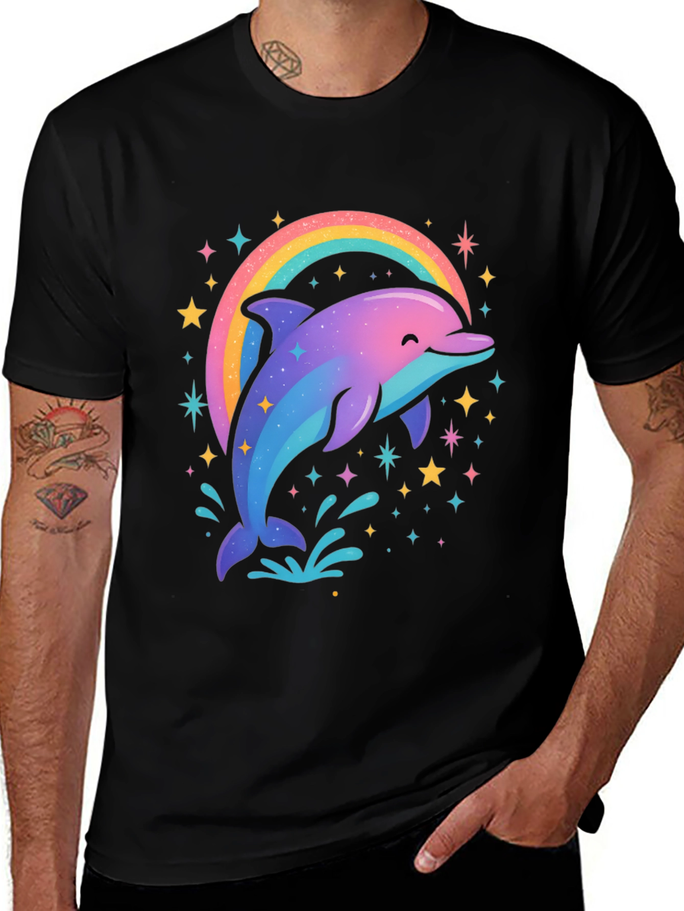 Variant 20 of Rainbow Dolphin Graphic Tee - Black Cotton Blend