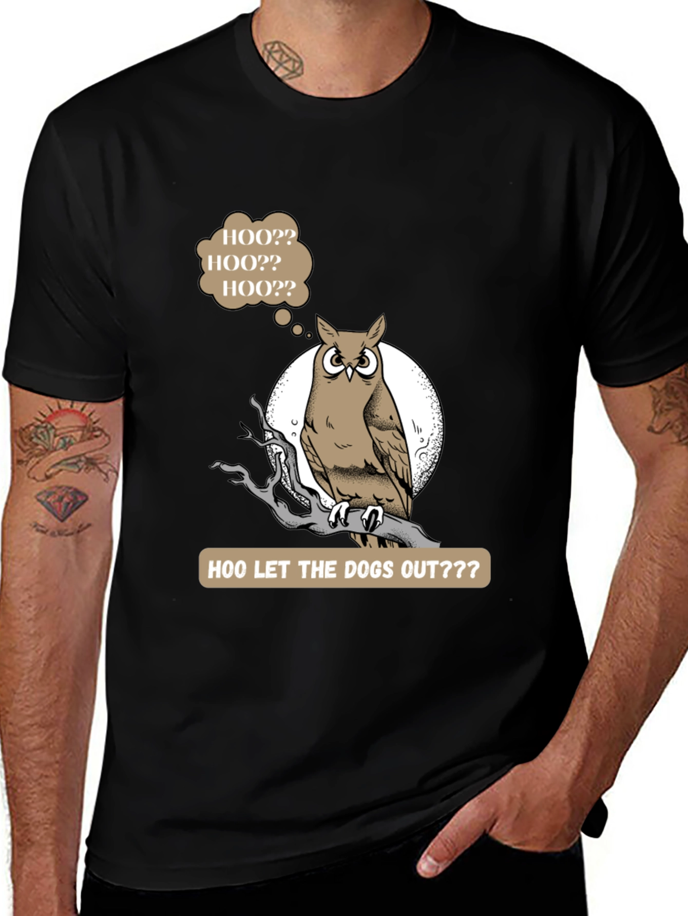 Variant 21 of Humorous Owl T-Shirt: "Hoo Let the Dogs Out?"