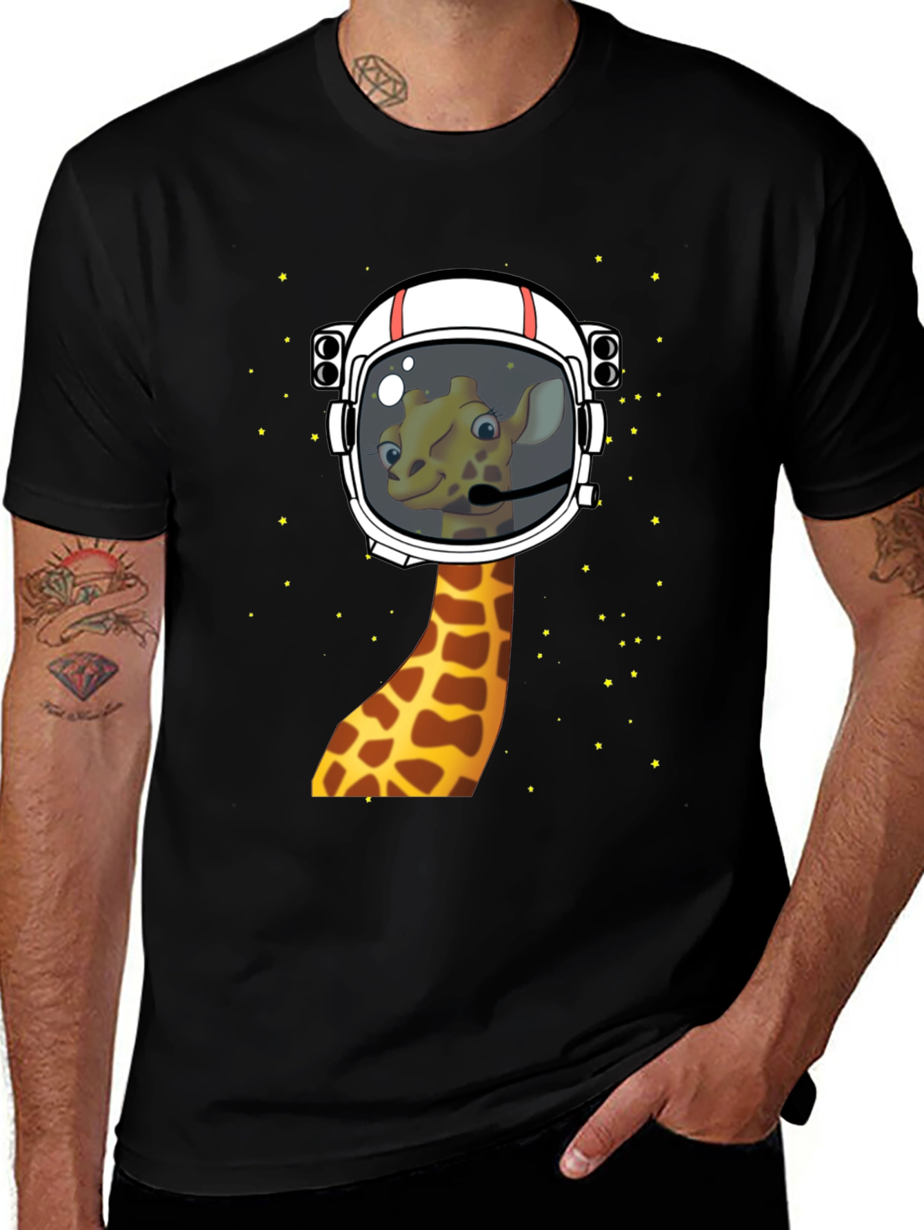 Variant 10 of Giraffe Astronaut Graphic Tee - Men's Black T-Shirt