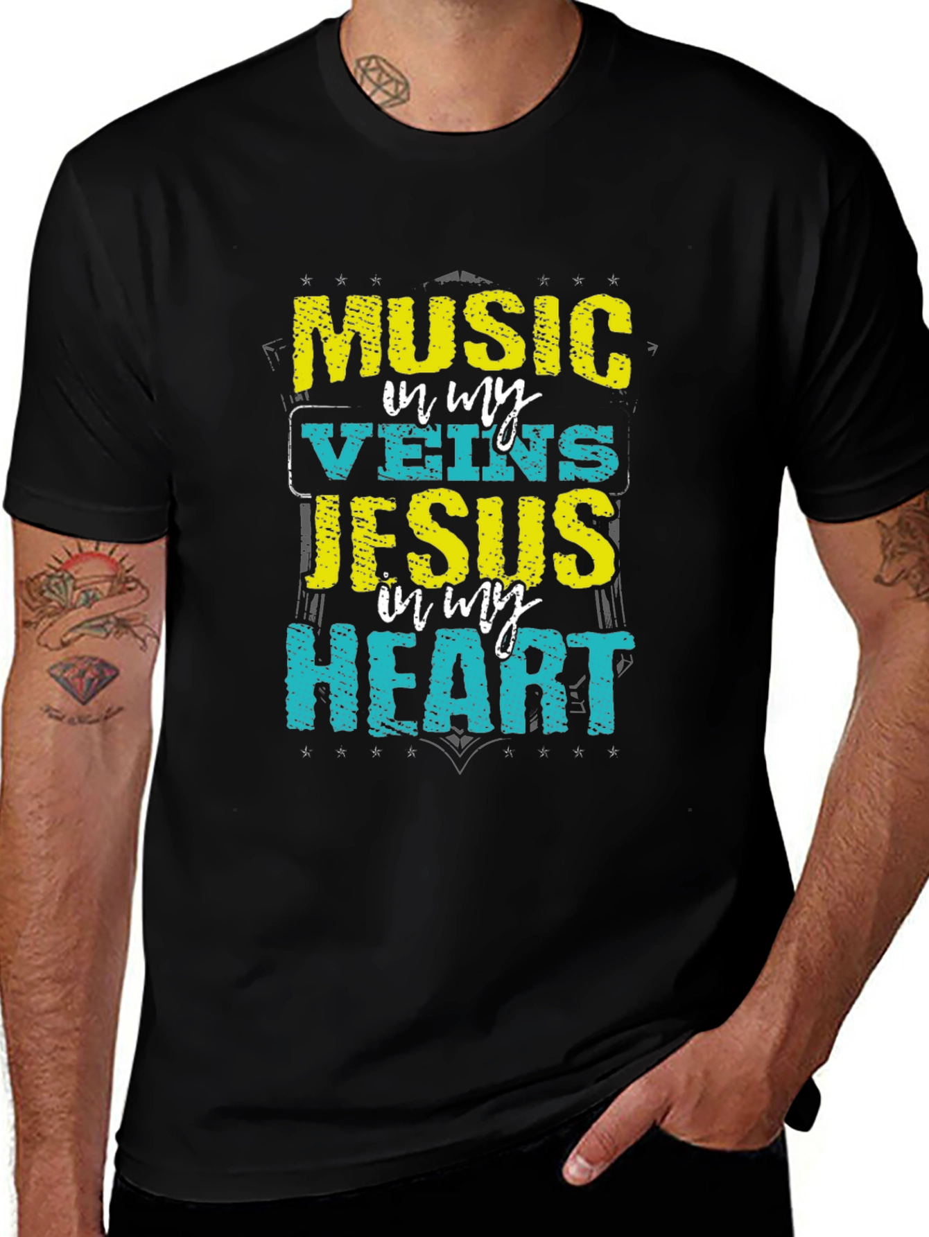 Variant 18 of Music, Jesus, Heart Graphic Print Black Tee